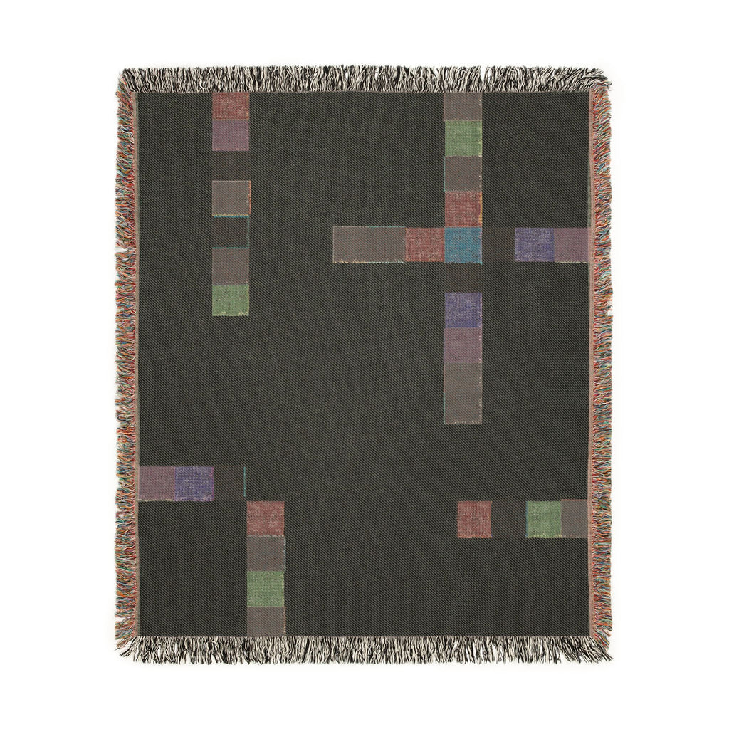 Modern Geometric Woven Throw Blanket with Multicolor Squares Linear Design on Cream White Ground