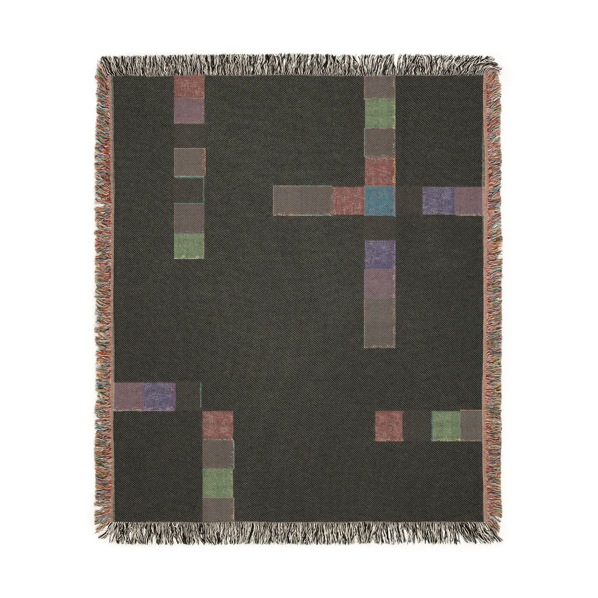 Modern Geometric Woven Throw Blanket with Multicolor Squares Linear Design on Cream White Ground