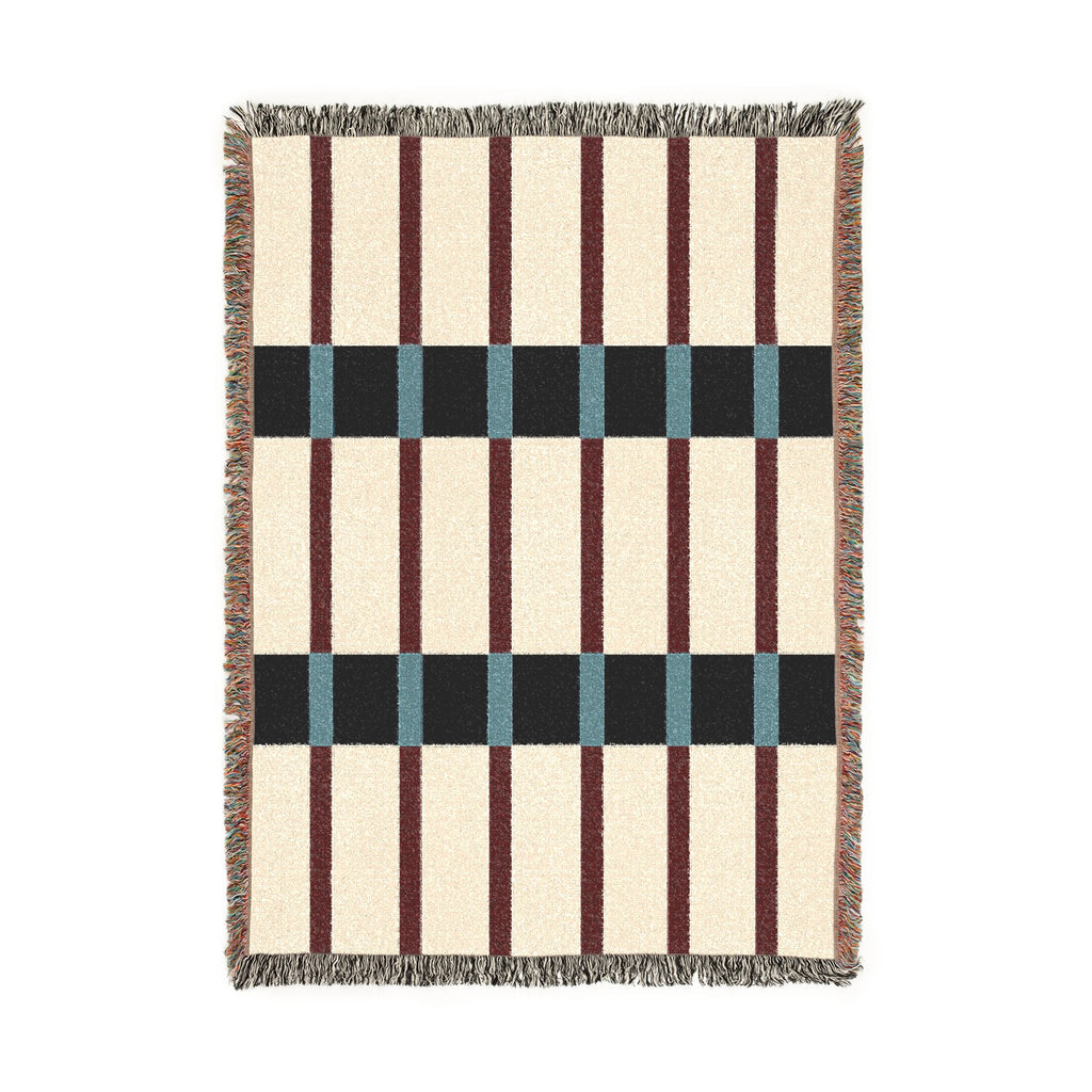 Modern Mixed Stripe Woven Throw Blanket with Burgundy Red, Black, & Blue Stripes