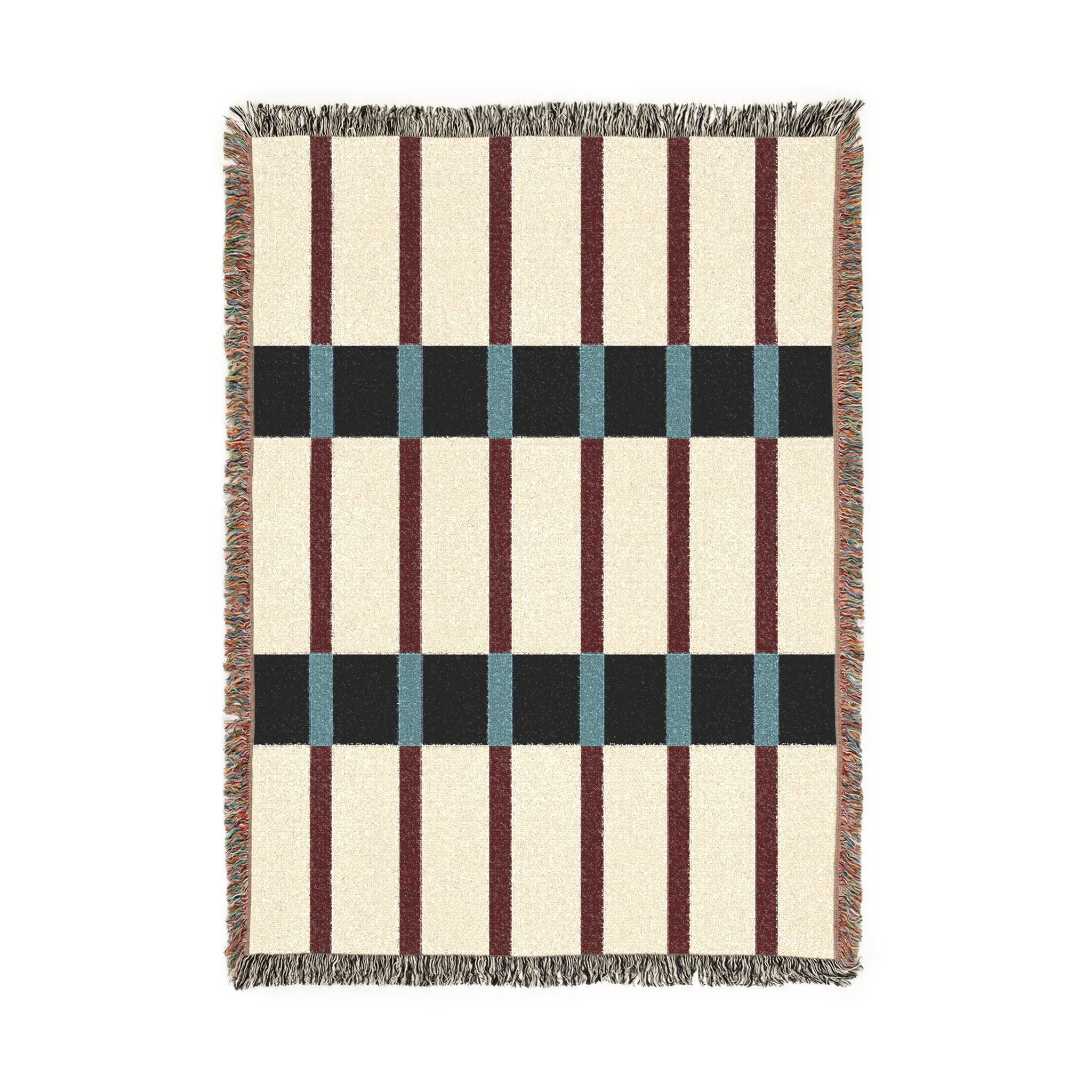 Modern Mixed Stripe Woven Throw Blanket with Burgundy Red, Black, & Blue Stripes