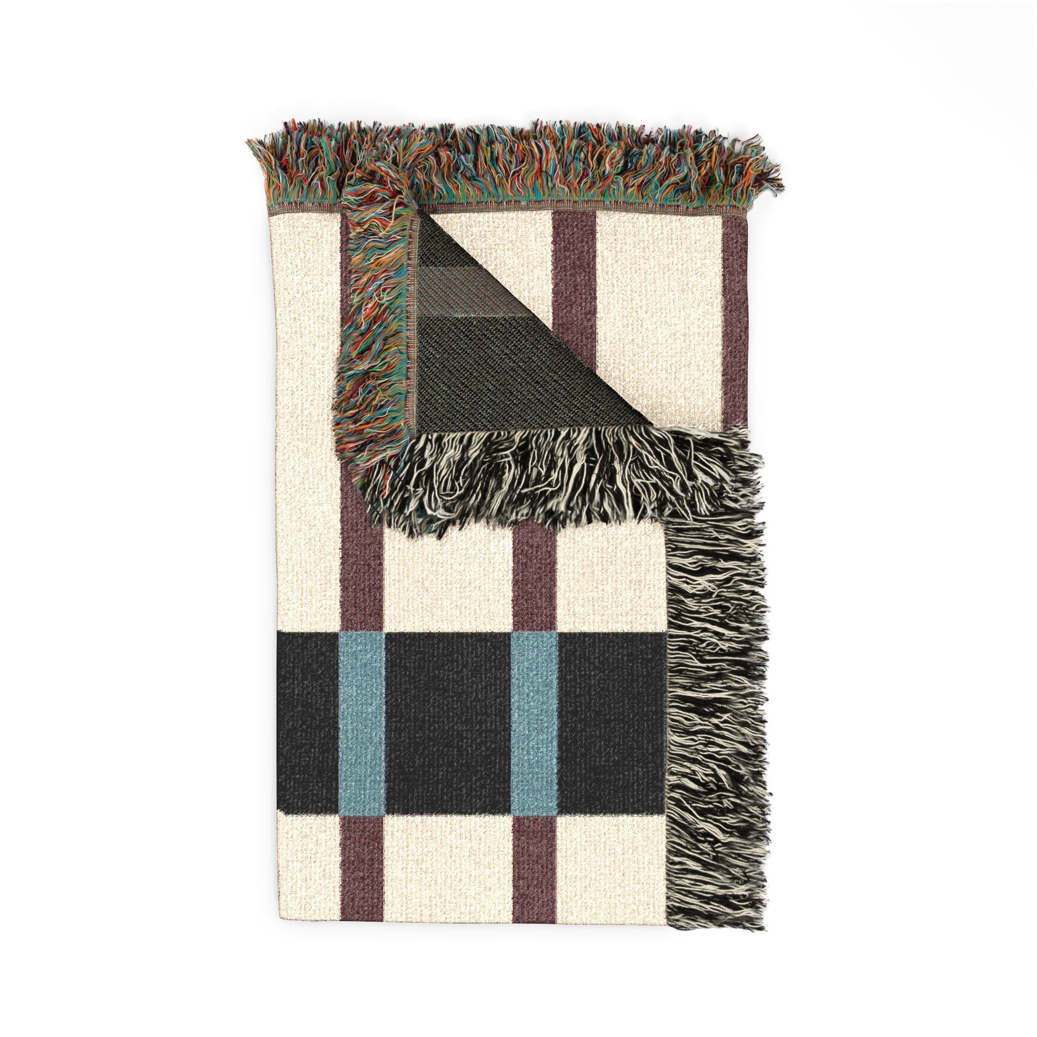 Modern Mixed Stripe Woven Throw Blanket with Burgundy Red, Black, & Blue Stripes