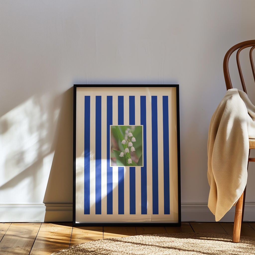 Flower & Stripes High Quality framed Art Print, with Lily of The Valley Flowers
