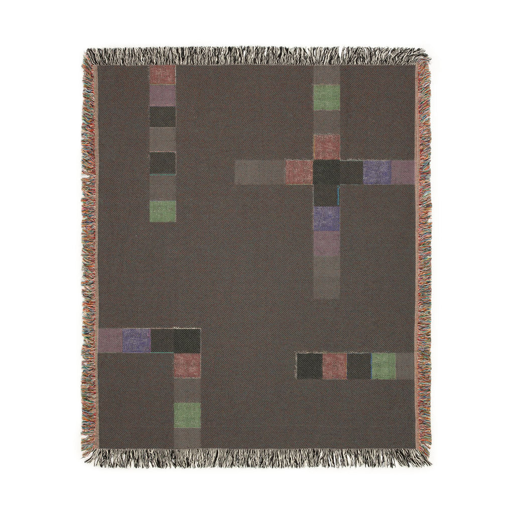 Modern Geometric Woven Throw Blanket with Multicolor Squares Linear Design on Black Ground