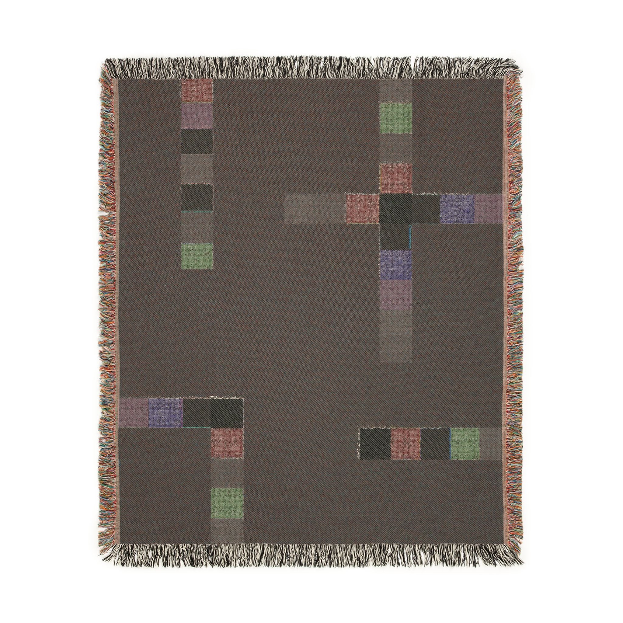 Modern Geometric Woven Throw Blanket with Multicolor Squares Linear Design on Black Ground