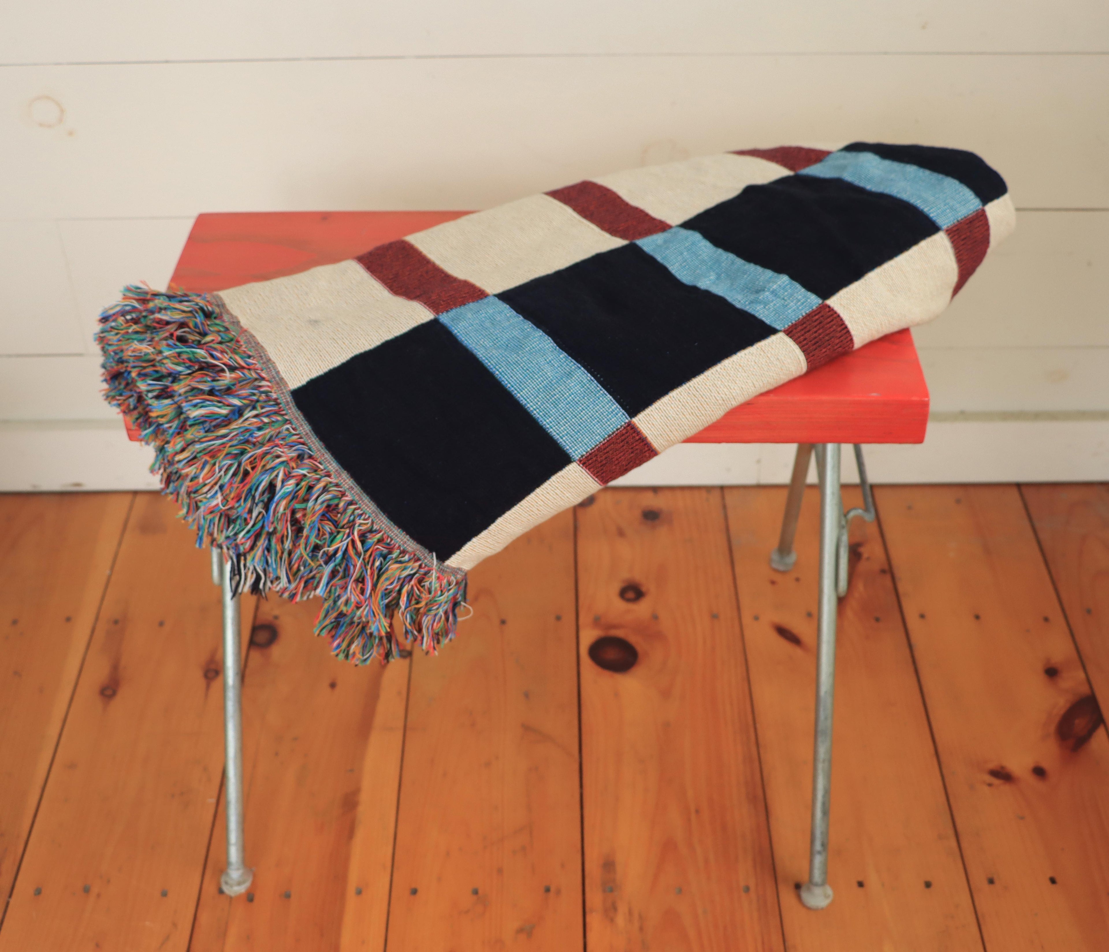 Modern Mixed Stripe Woven Throw Blanket with Burgundy Red, Black, & Blue Stripes
