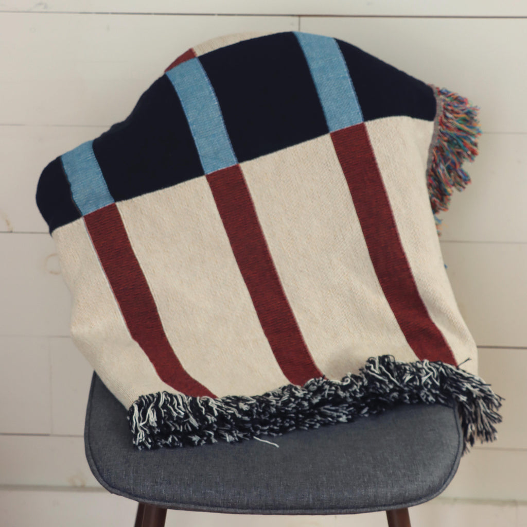 Modern Mixed Stripe Woven Throw Blanket with Burgundy Red, Black, & Blue Stripes