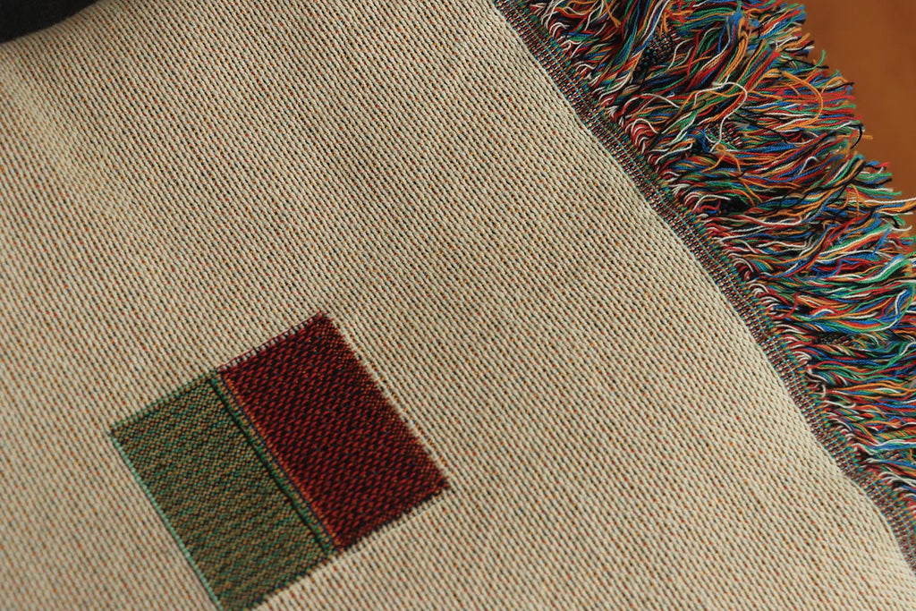 Modern Geometric Woven Throw Blanket with Multicolor Squares Linear Design on Cream White Ground