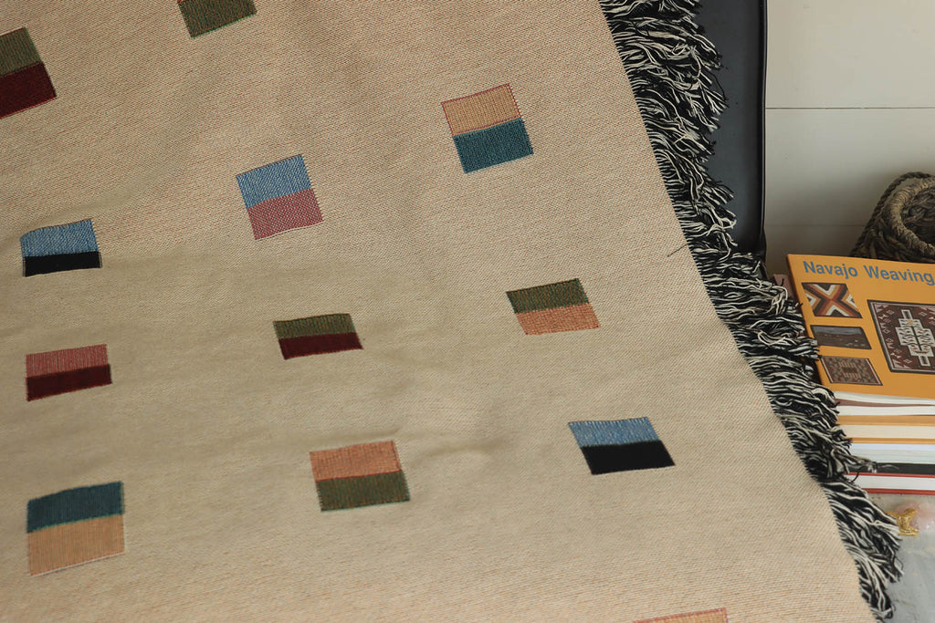 Modern Geometric Woven Throw Blanket with Colorful Split Squares Pattern