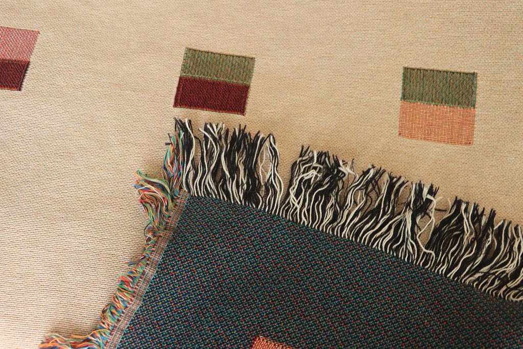 Modern Geometric Woven Throw Blanket with Multicolor Squares Linear Design on Cream White Ground