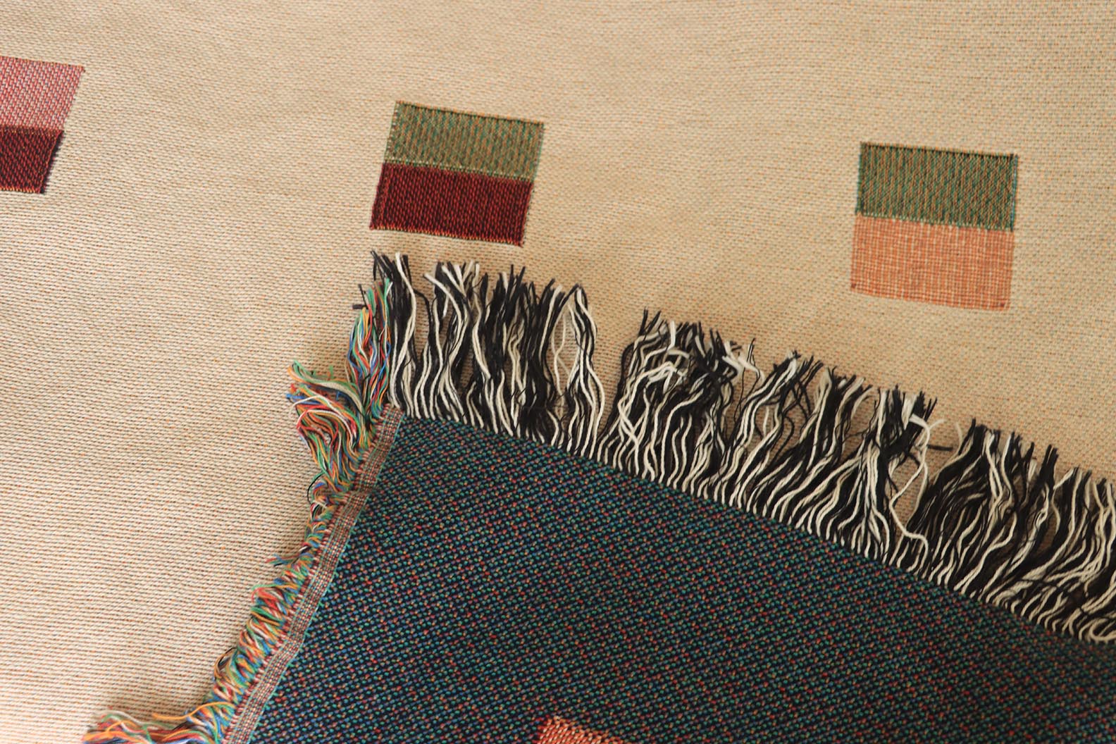 Modern Geometric Woven Throw Blanket with Multicolor Squares Linear Design on Cream White Ground