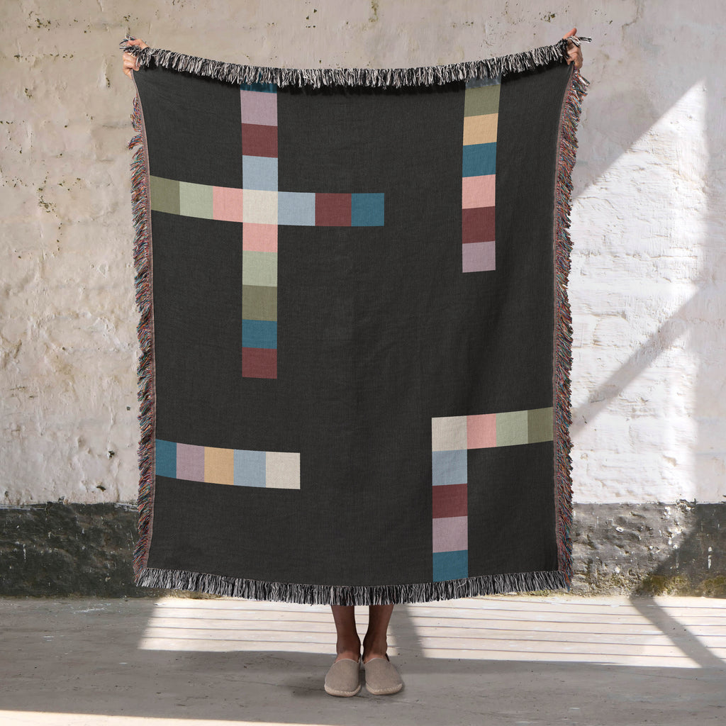 Modern Geometric Woven Throw Blanket with Multicolor Squares Linear Design on Black Ground