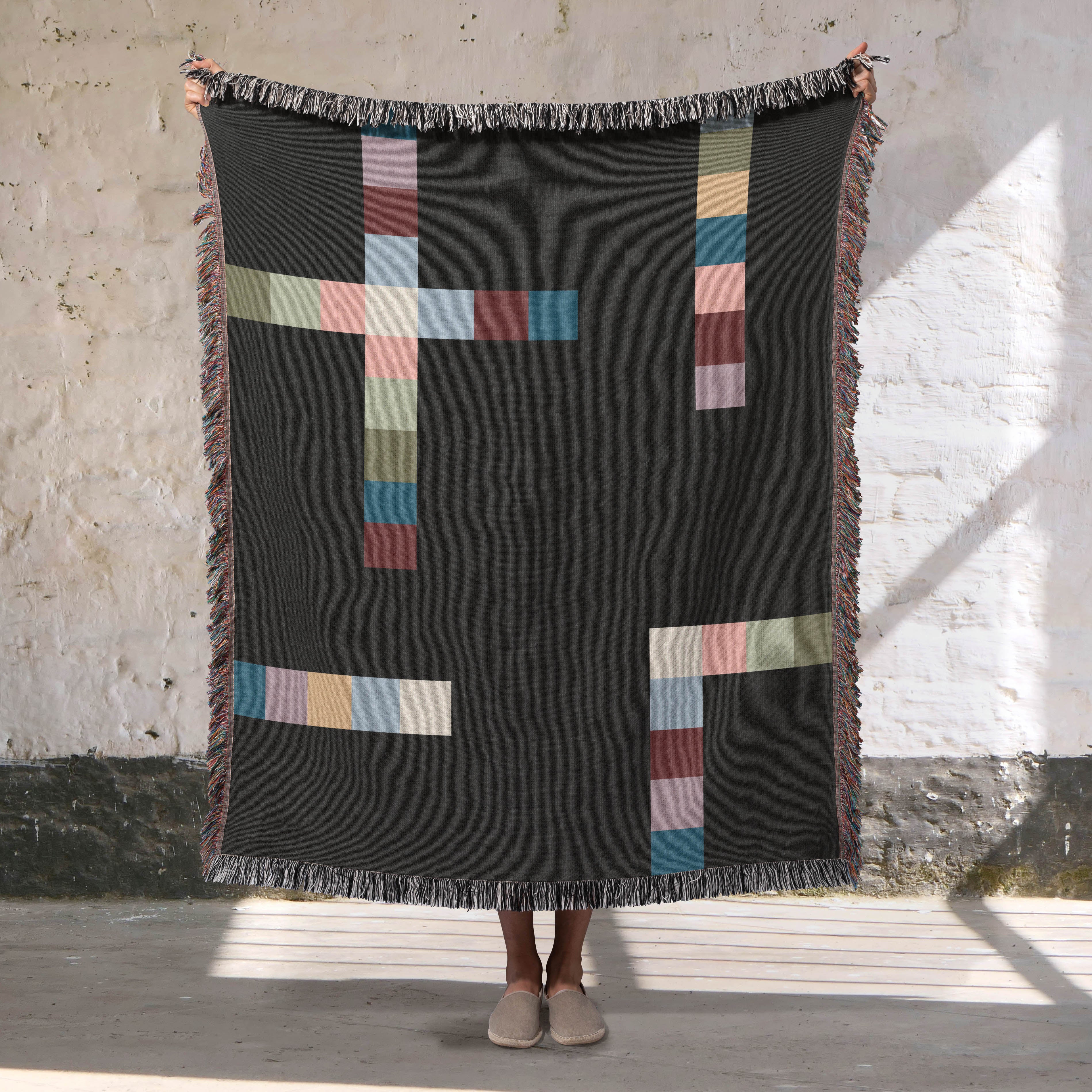 Modern Geometric Woven Throw Blanket with Multicolor Squares Linear Design on Black Ground
