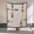 Modern Geometric Woven Throw Blanket with Multicolor Squares Linear Design on Cream White Ground