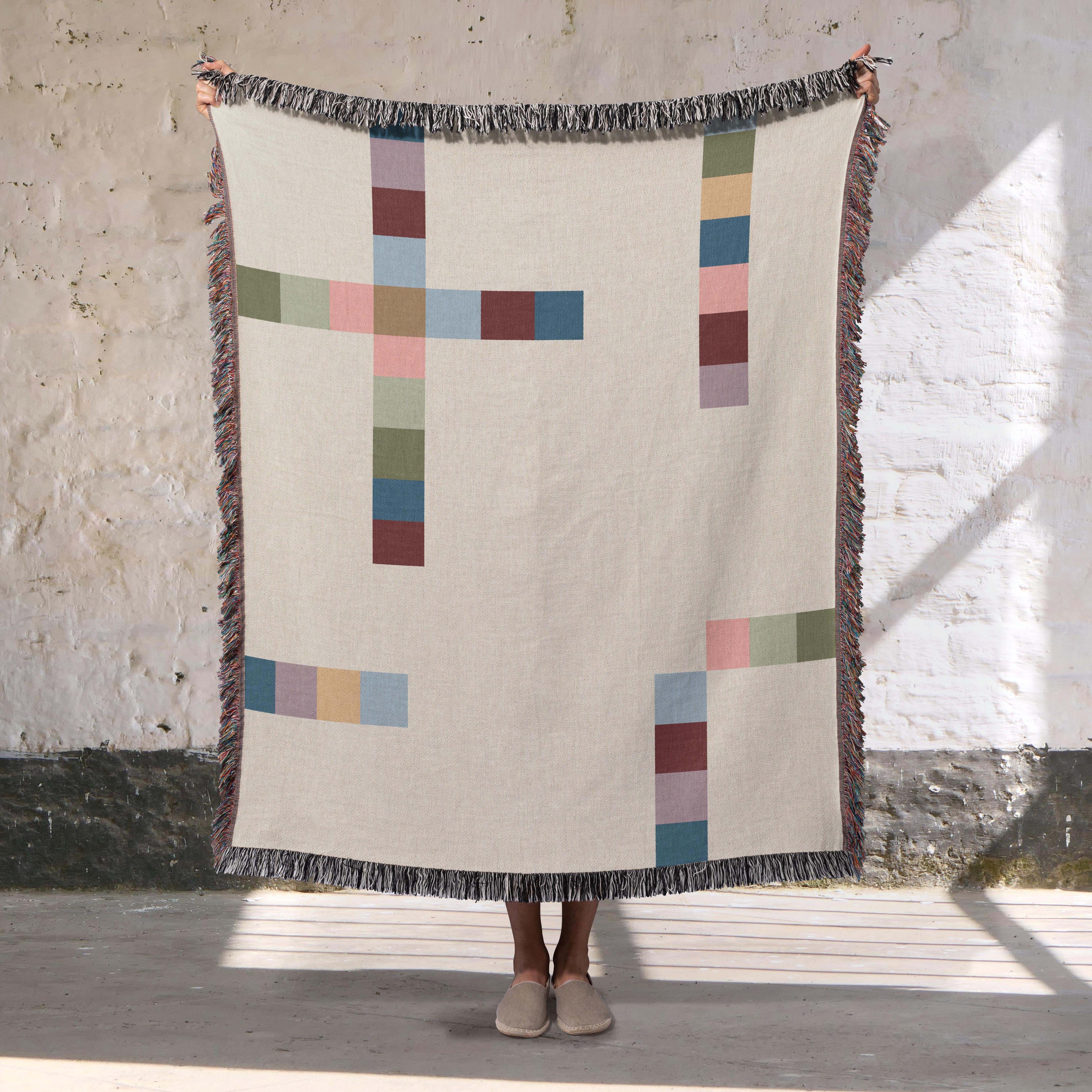 Modern Geometric Woven Throw Blanket with Multicolor Squares Linear Design on Cream White Ground