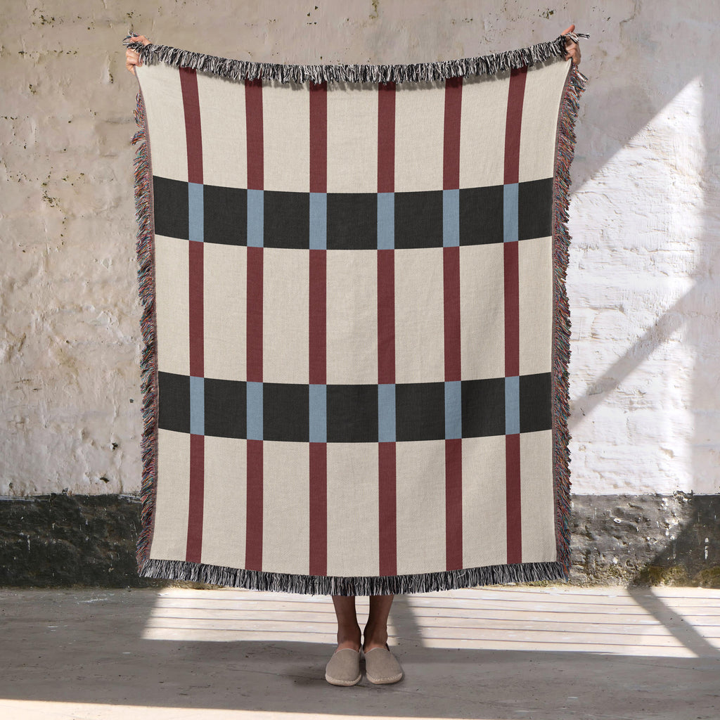Modern Mixed Stripe Woven Throw Blanket with Burgundy Red, Black, & Blue Stripes