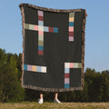 Modern Geometric Woven Throw Blanket with Multicolor Squares Linear Design on Black Ground