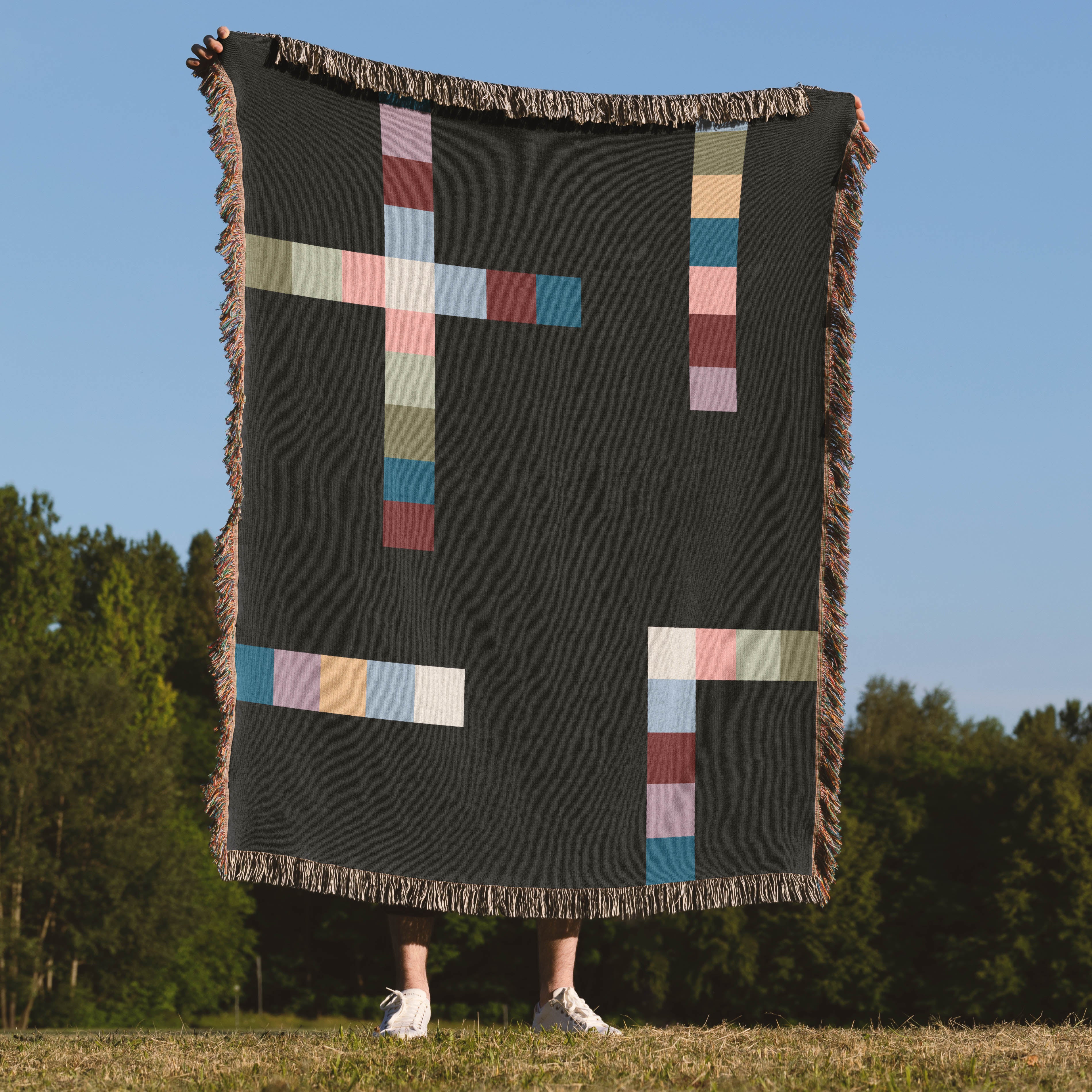 Modern Geometric Woven Throw Blanket with Multicolor Squares Linear Design on Black Ground