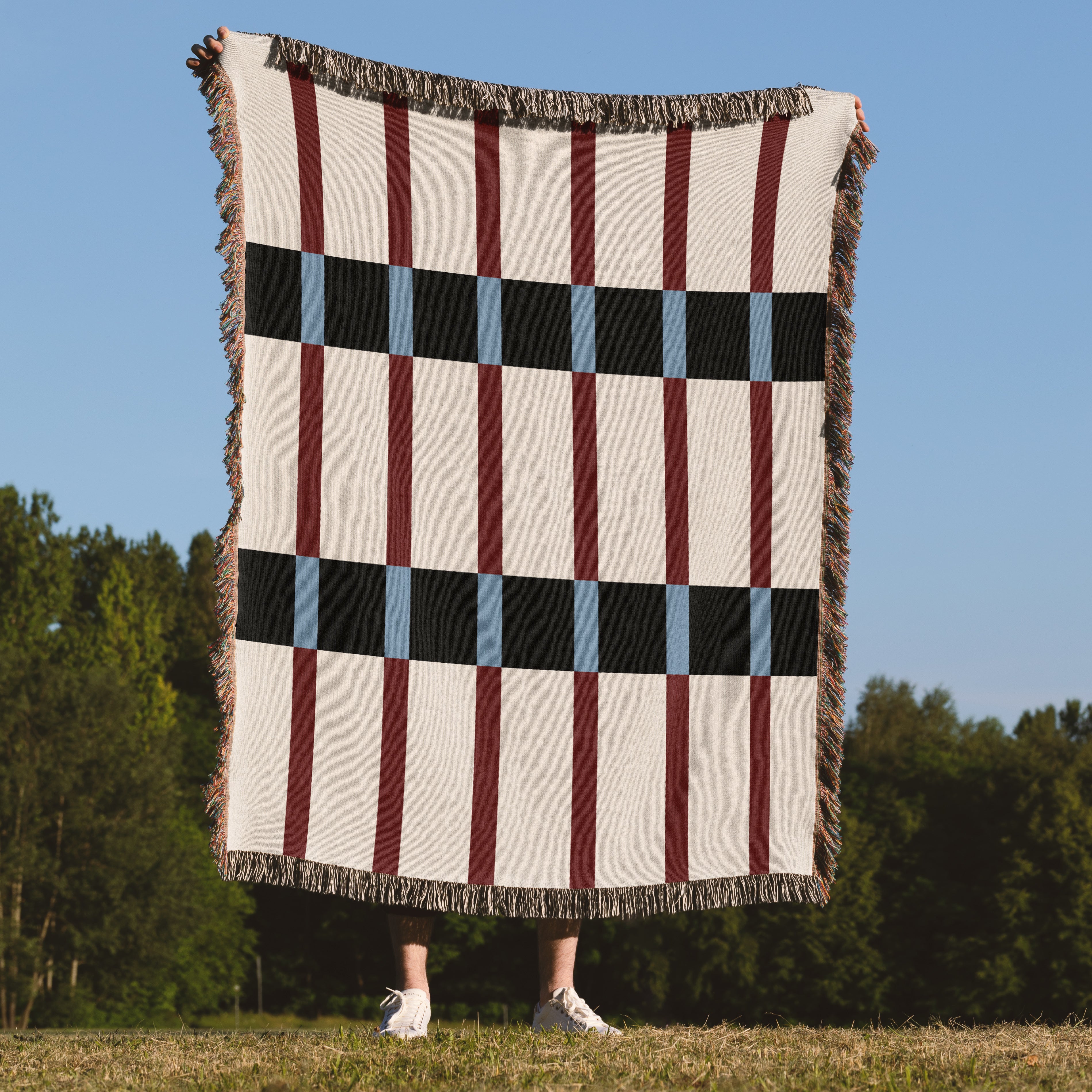 Modern Mixed Stripe Woven Throw Blanket with Burgundy Red, Black, & Blue Stripes