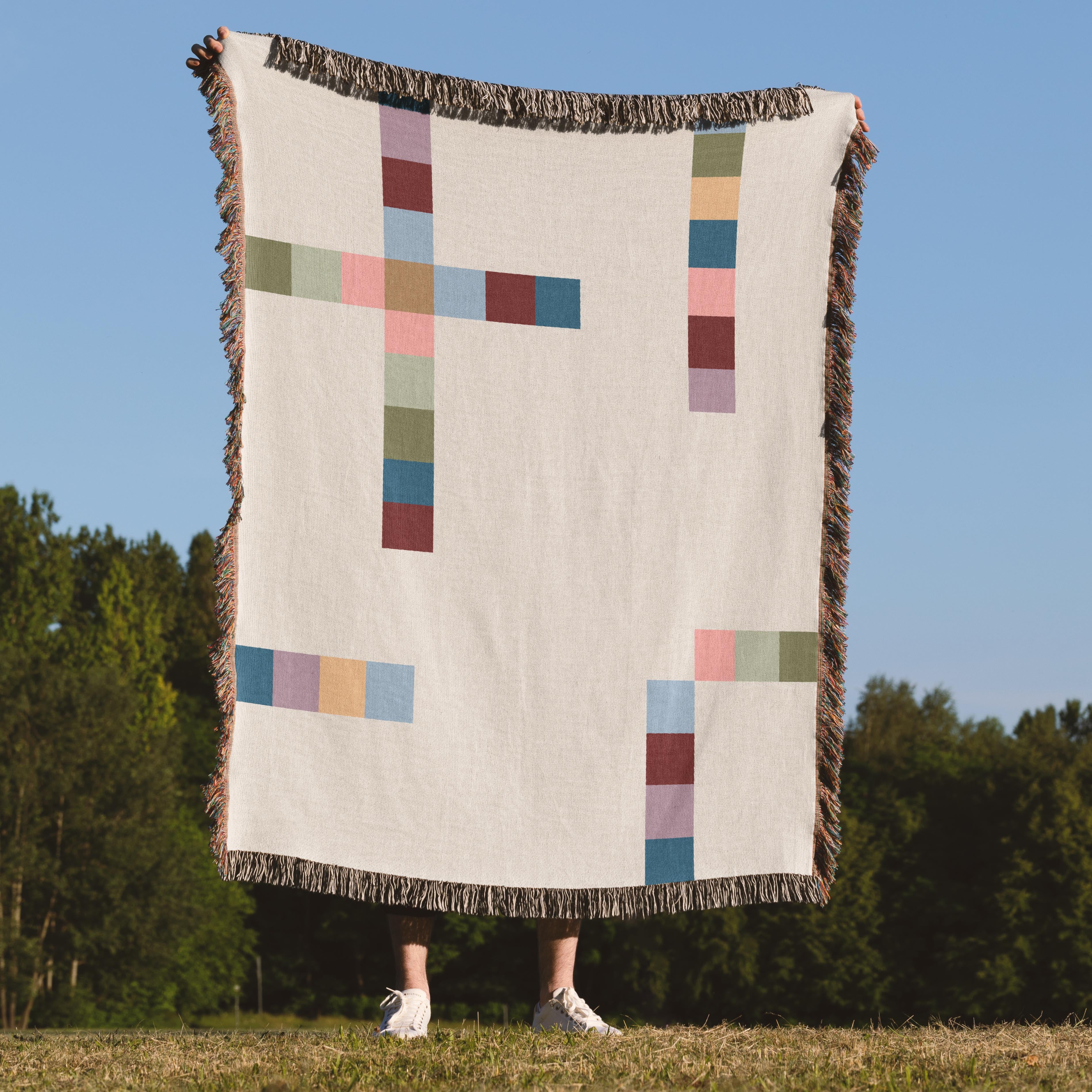 Modern Geometric Woven Throw Blanket with Multicolor Squares Linear Design on Cream White Ground