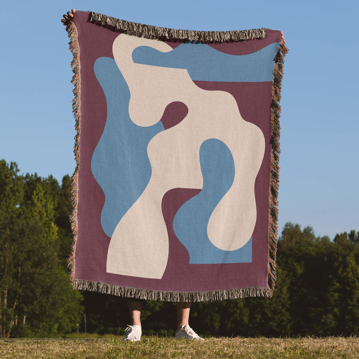 Scandi Abstract Shapes Woven Throw Blanket with Burgundy Red & Blue