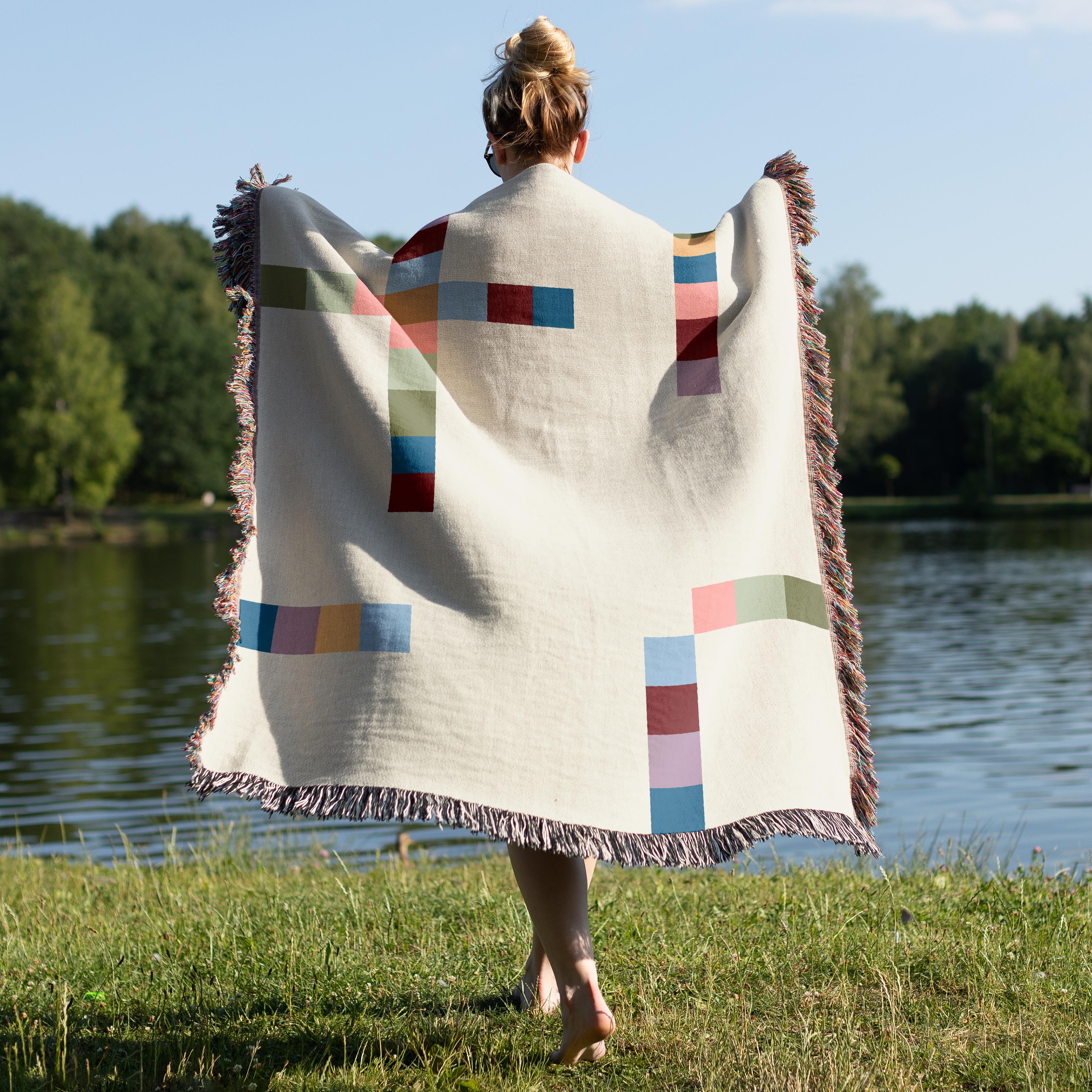 Modern Geometric Woven Throw Blanket with Multicolor Squares Linear Design on Cream White Ground