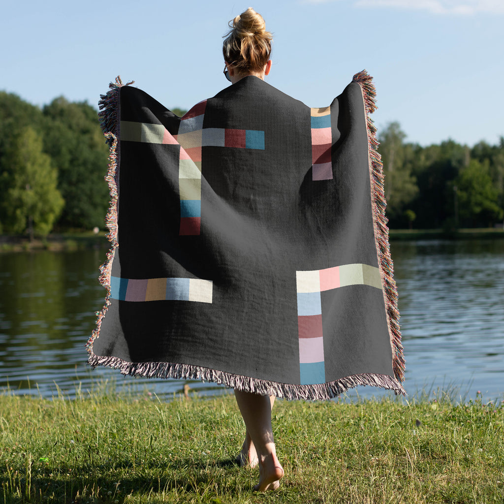 Modern Geometric Woven Throw Blanket with Multicolor Squares Linear Design on Black Ground