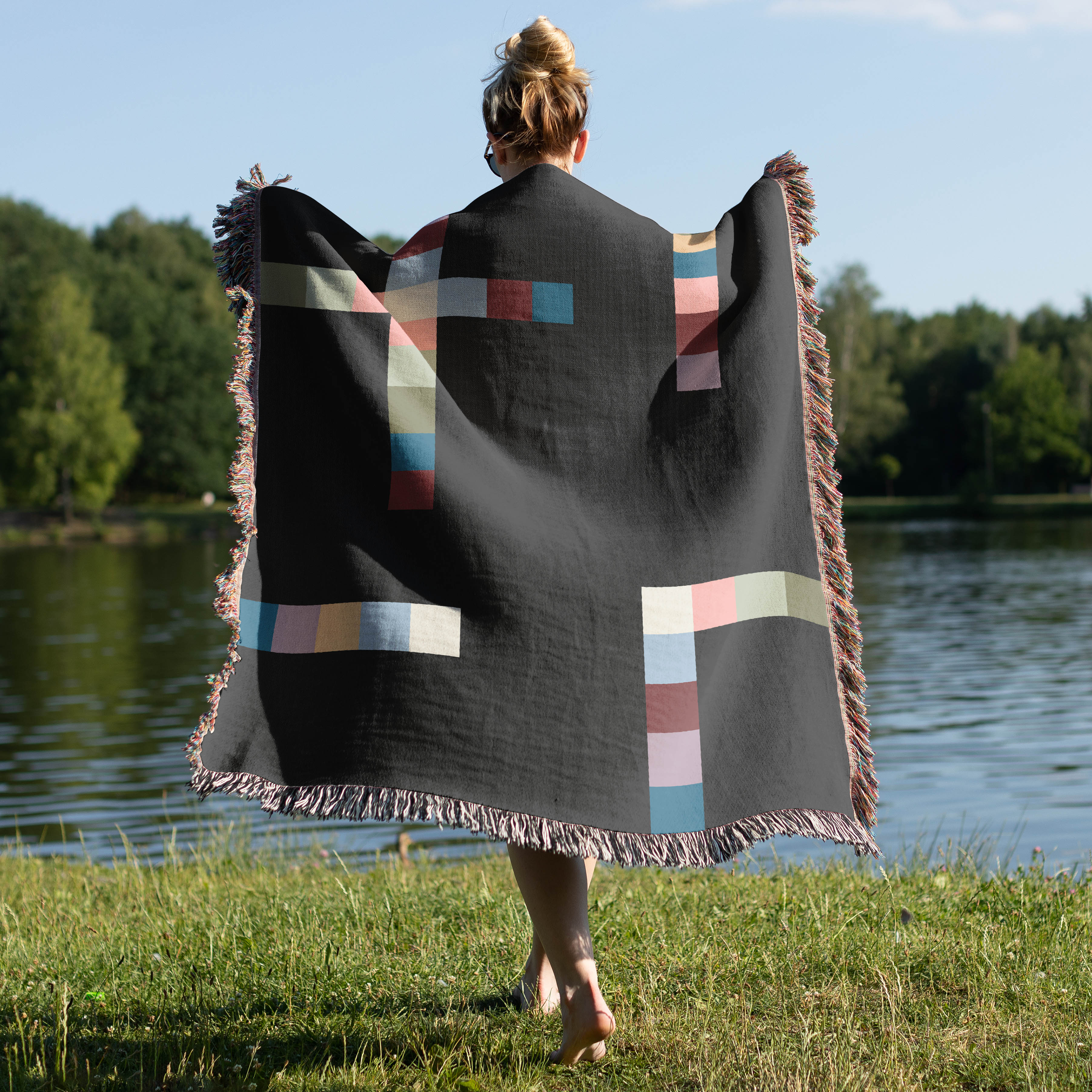 Modern Geometric Woven Throw Blanket with Multicolor Squares Linear Design on Black Ground