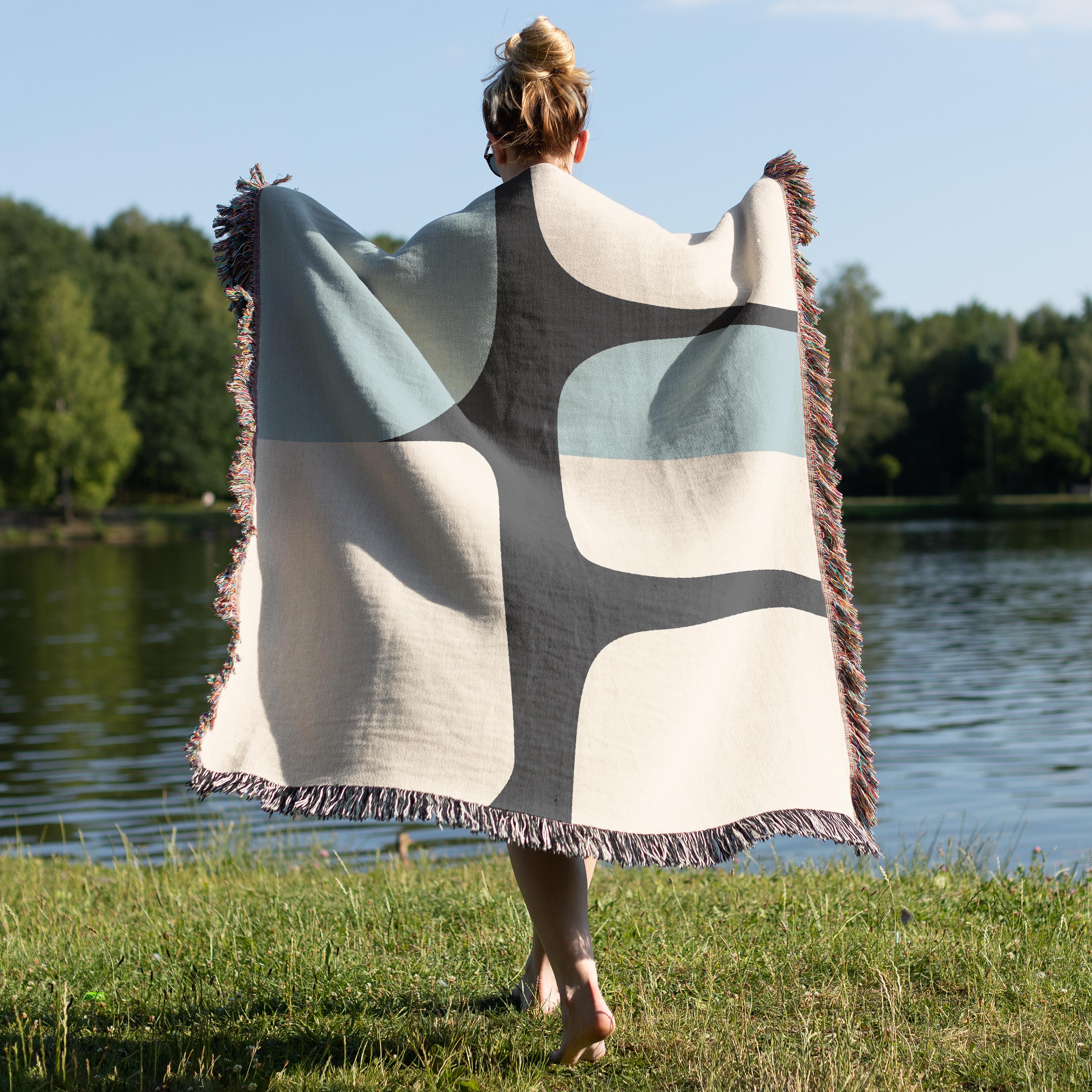 Scandi Color Block Woven Throw Blanket with Abstract Shapes Design