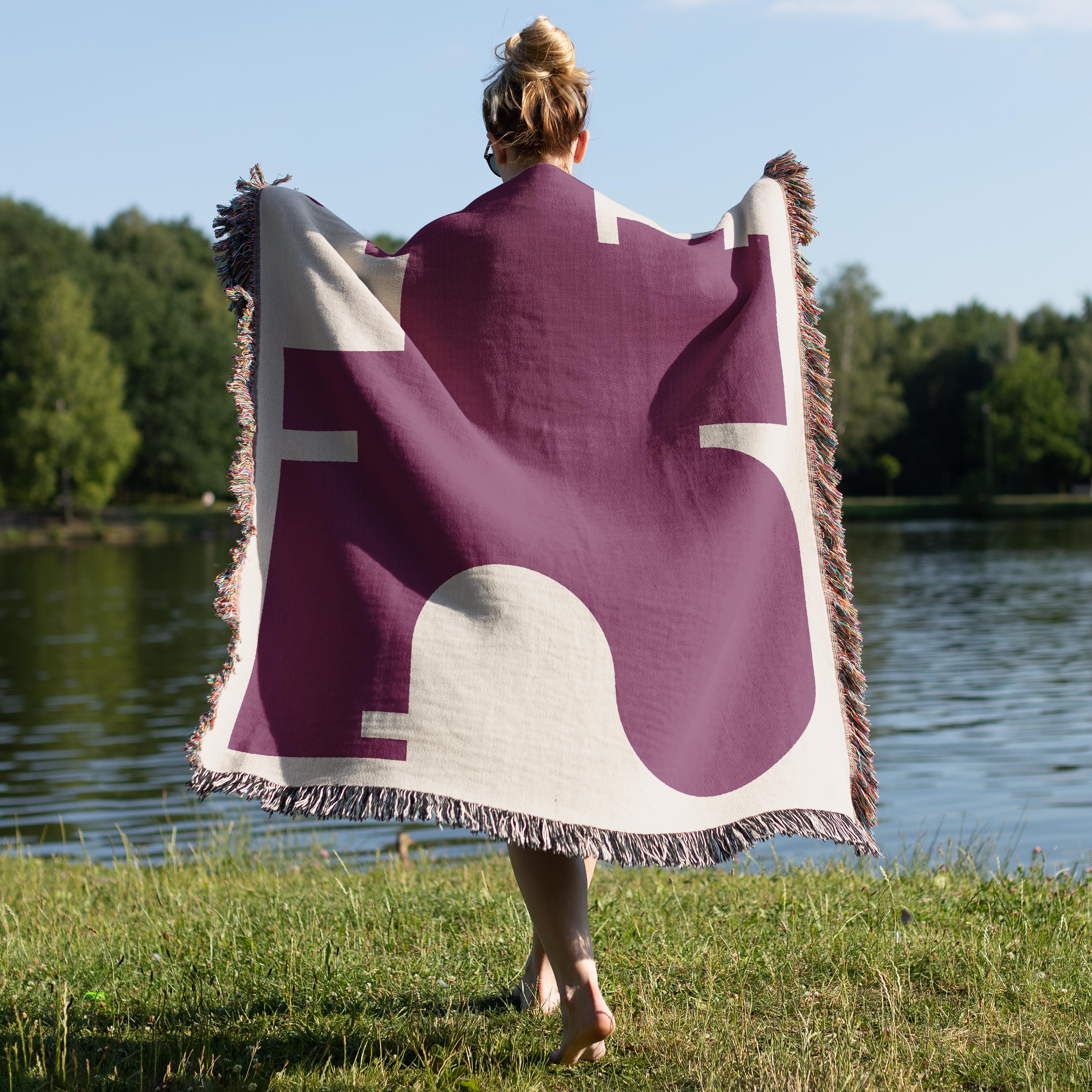 Post Modern Woven Throw Blanket with Burgundy Red Geometric shaped Design