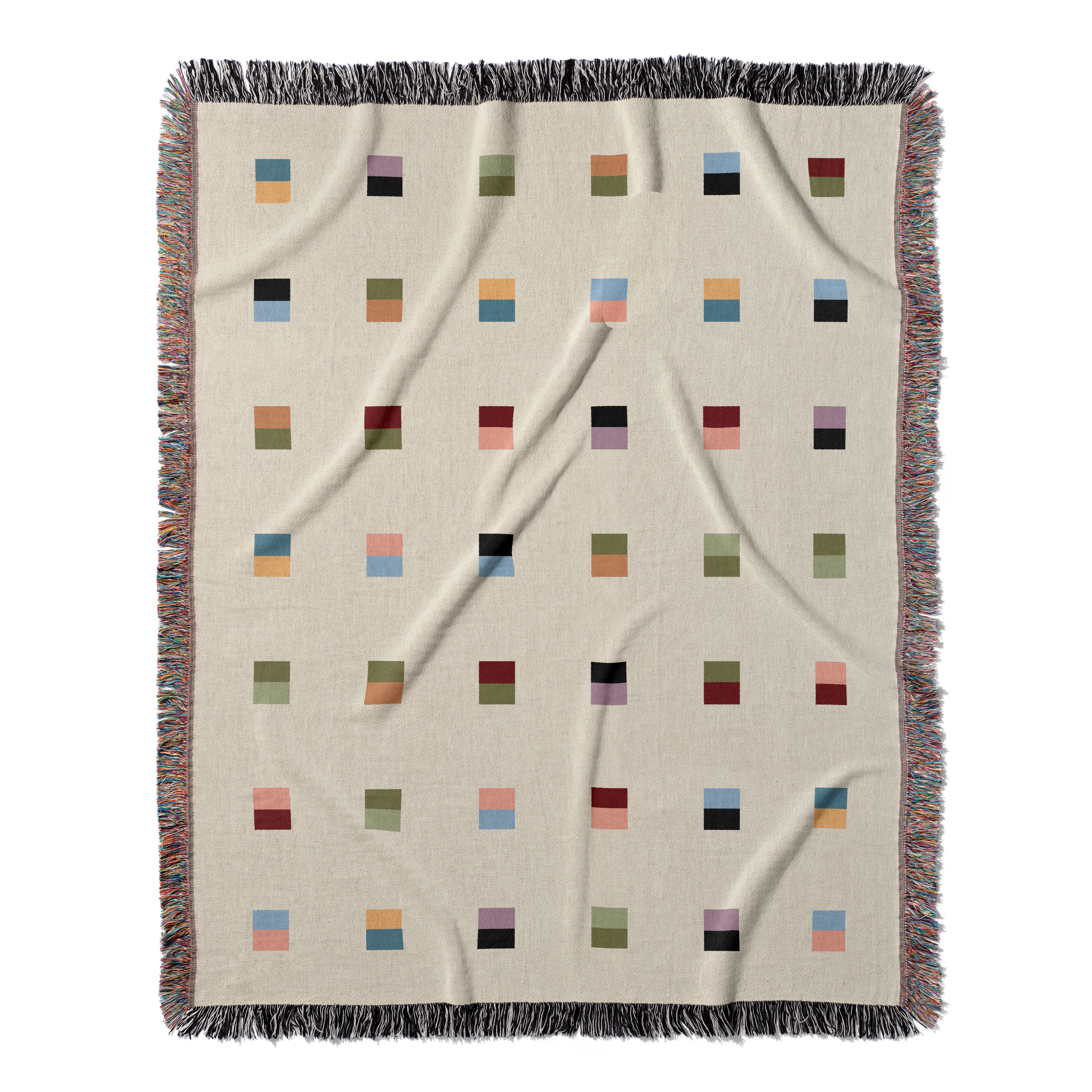 Modern Geometric Woven Throw Blanket with Colorful Split Squares Pattern