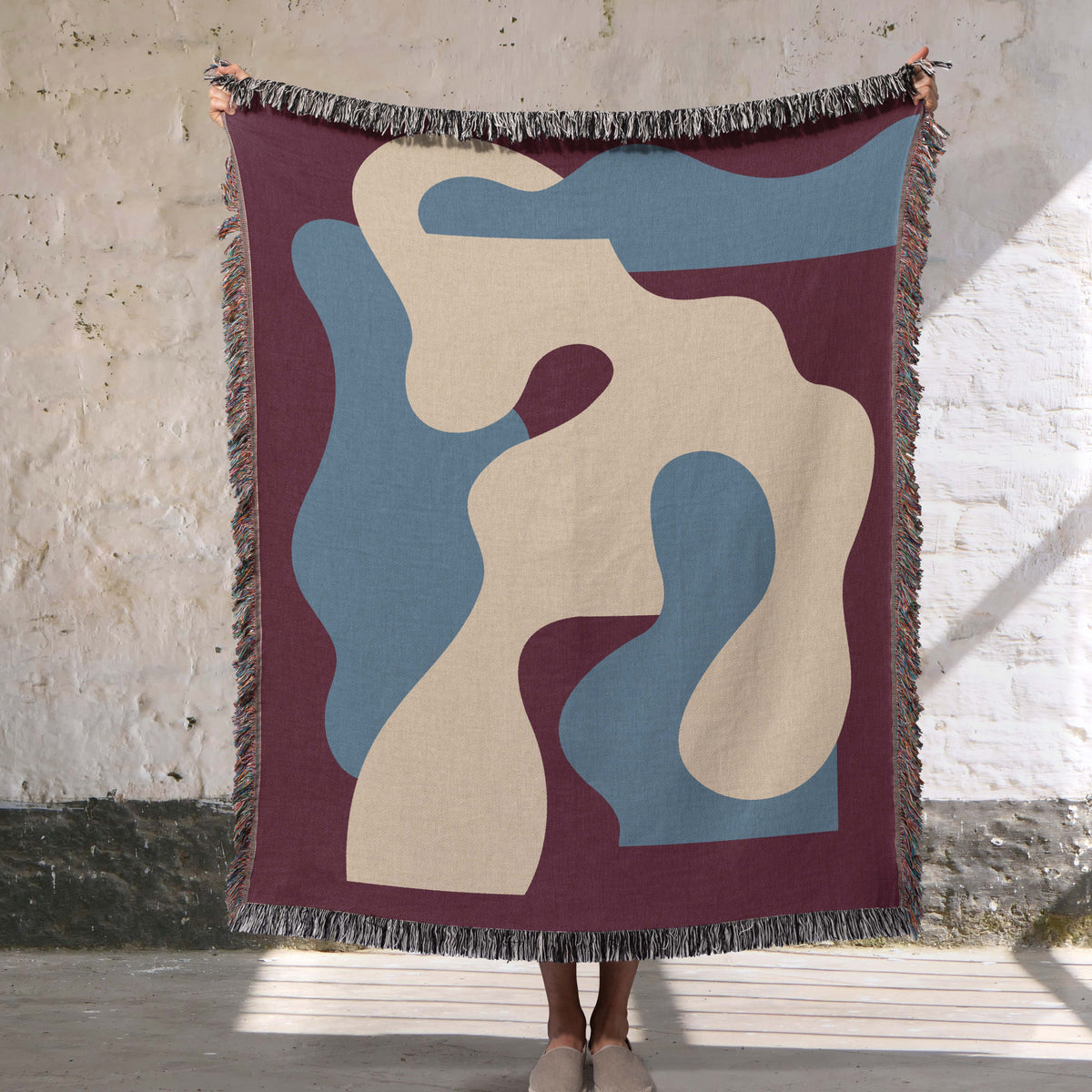 Scandi Abstract Shapes Woven Throw Blanket with Burgundy Red & Blue