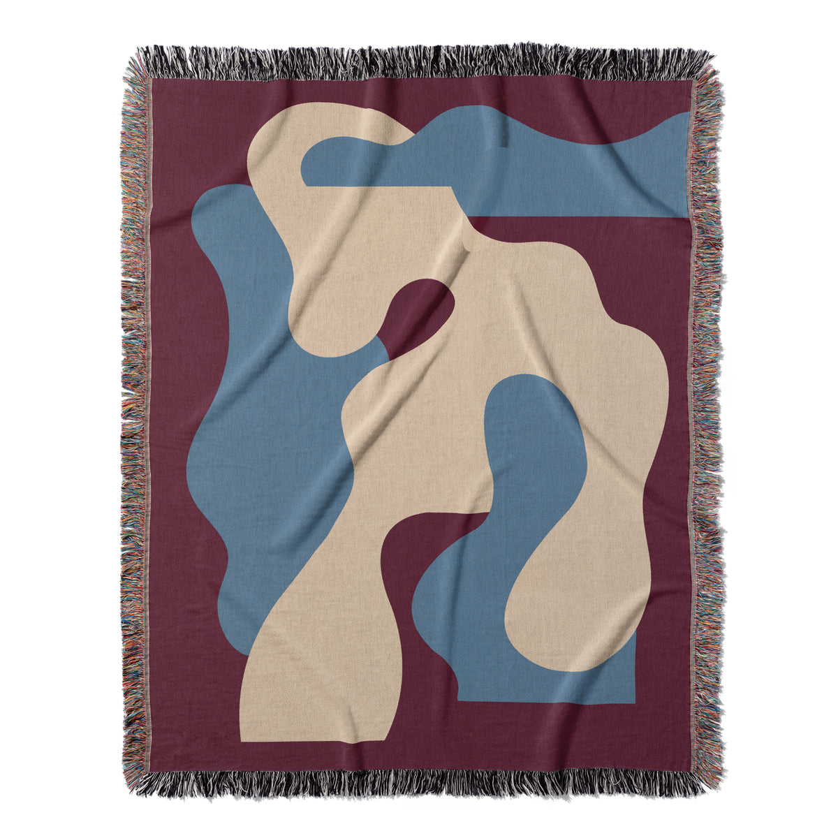 Scandi Abstract Shapes Woven Throw Blanket with Burgundy Red & Blue
