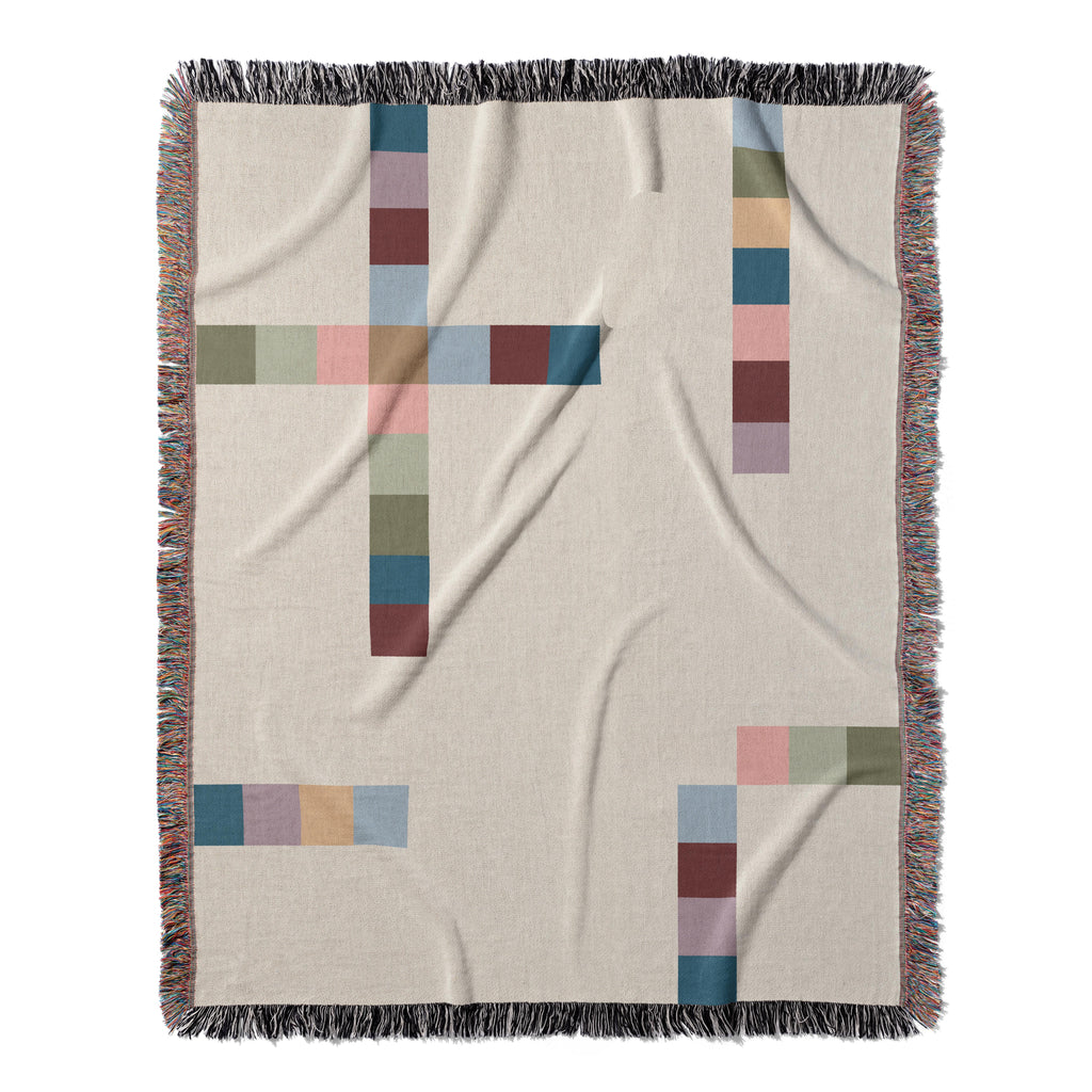 Modern Geometric Woven Throw Blanket with Multicolor Squares Linear Design on Cream White Ground