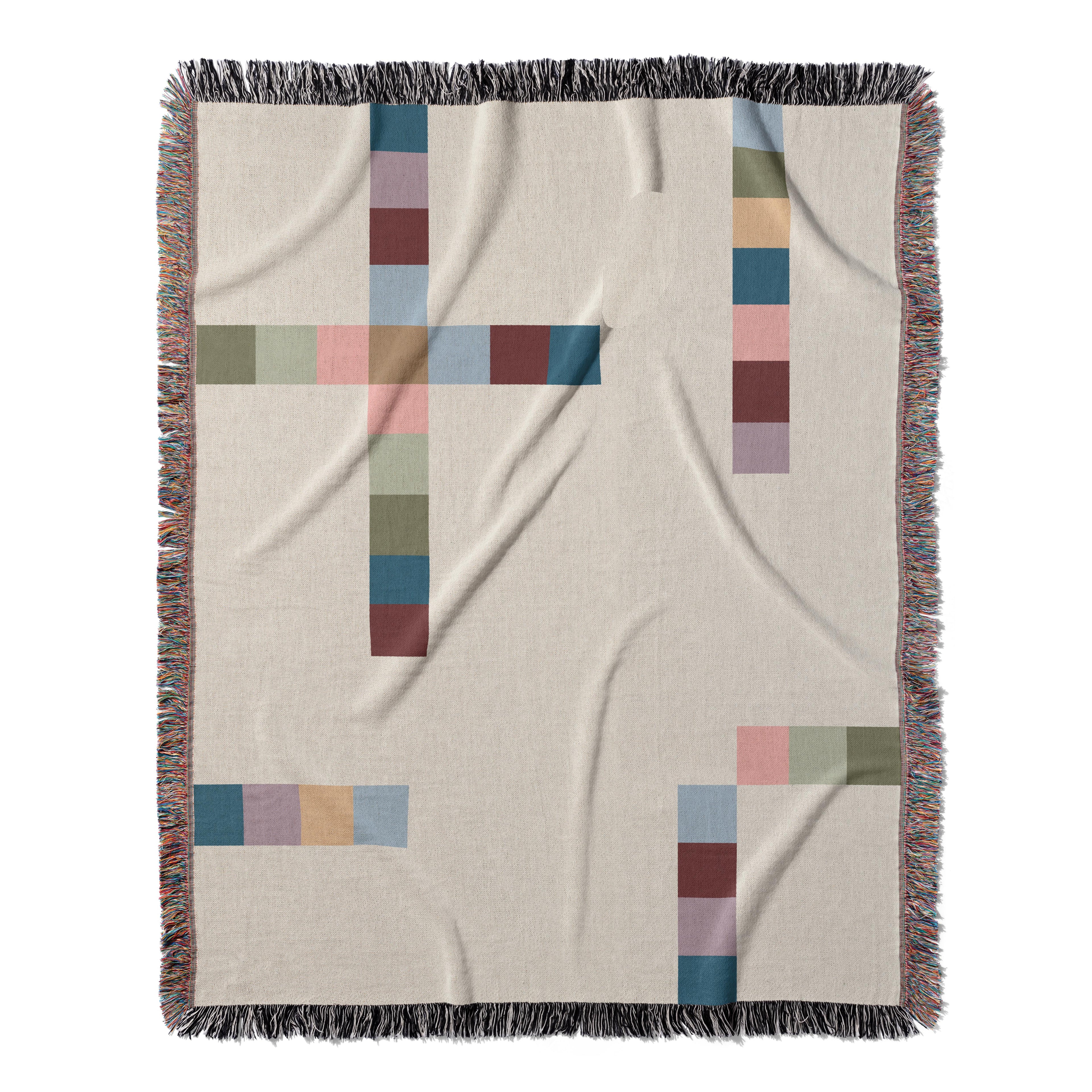 Modern Geometric Woven Throw Blanket with Multicolor Squares Linear Design on Cream White Ground