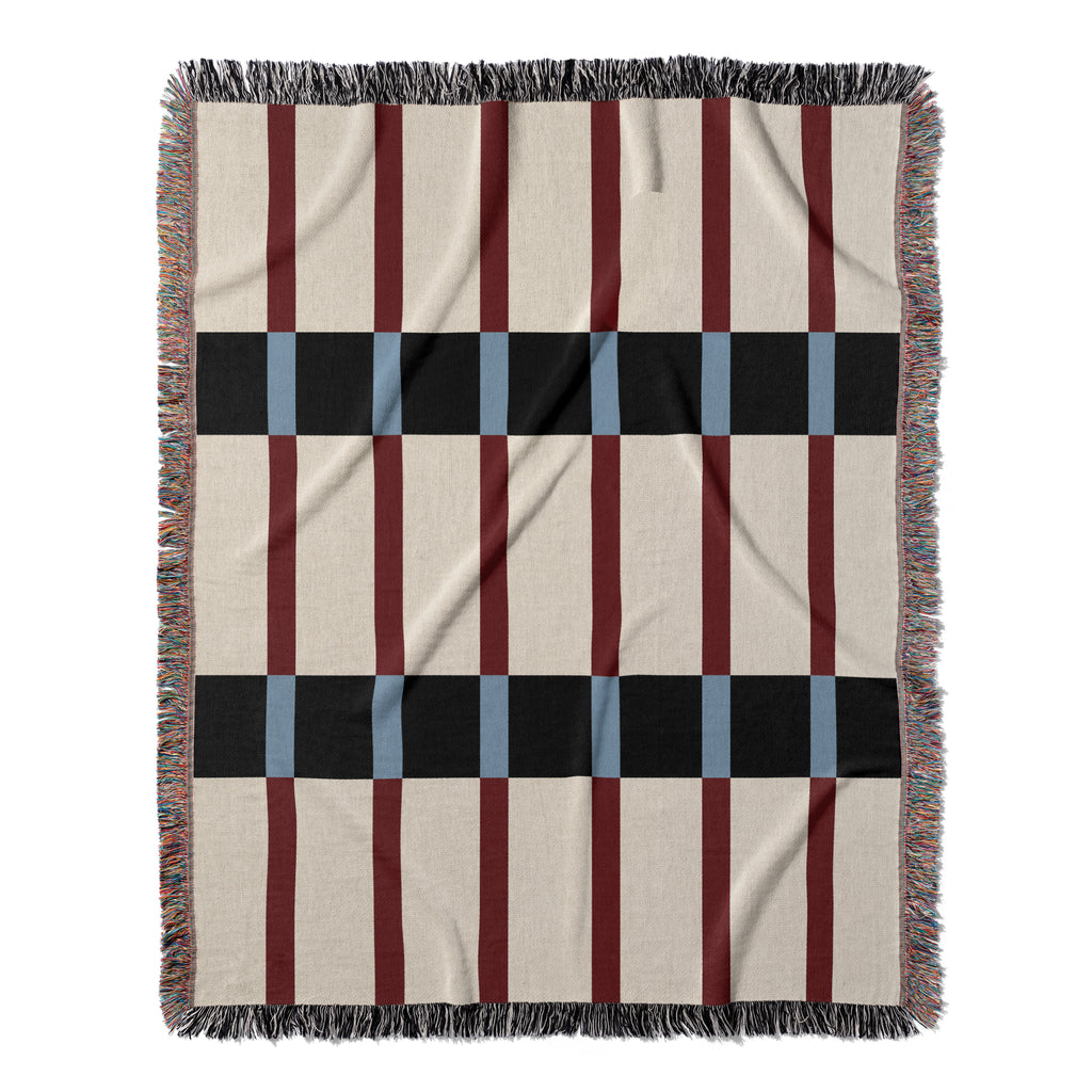 Modern Mixed Stripe Woven Throw Blanket with Burgundy Red, Black, & Blue Stripes