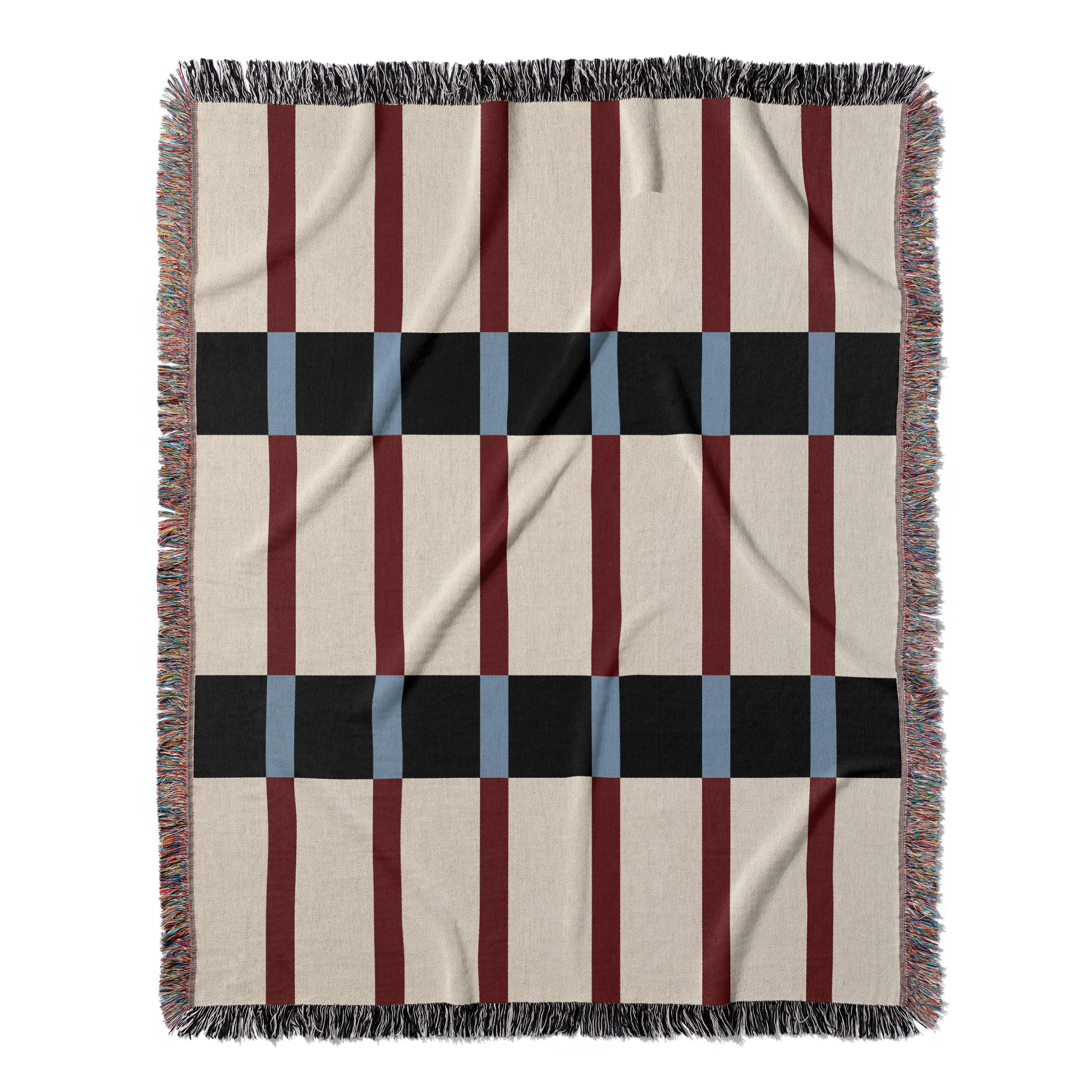 Modern Mixed Stripe Woven Throw Blanket with Burgundy Red, Black, & Blue Stripes