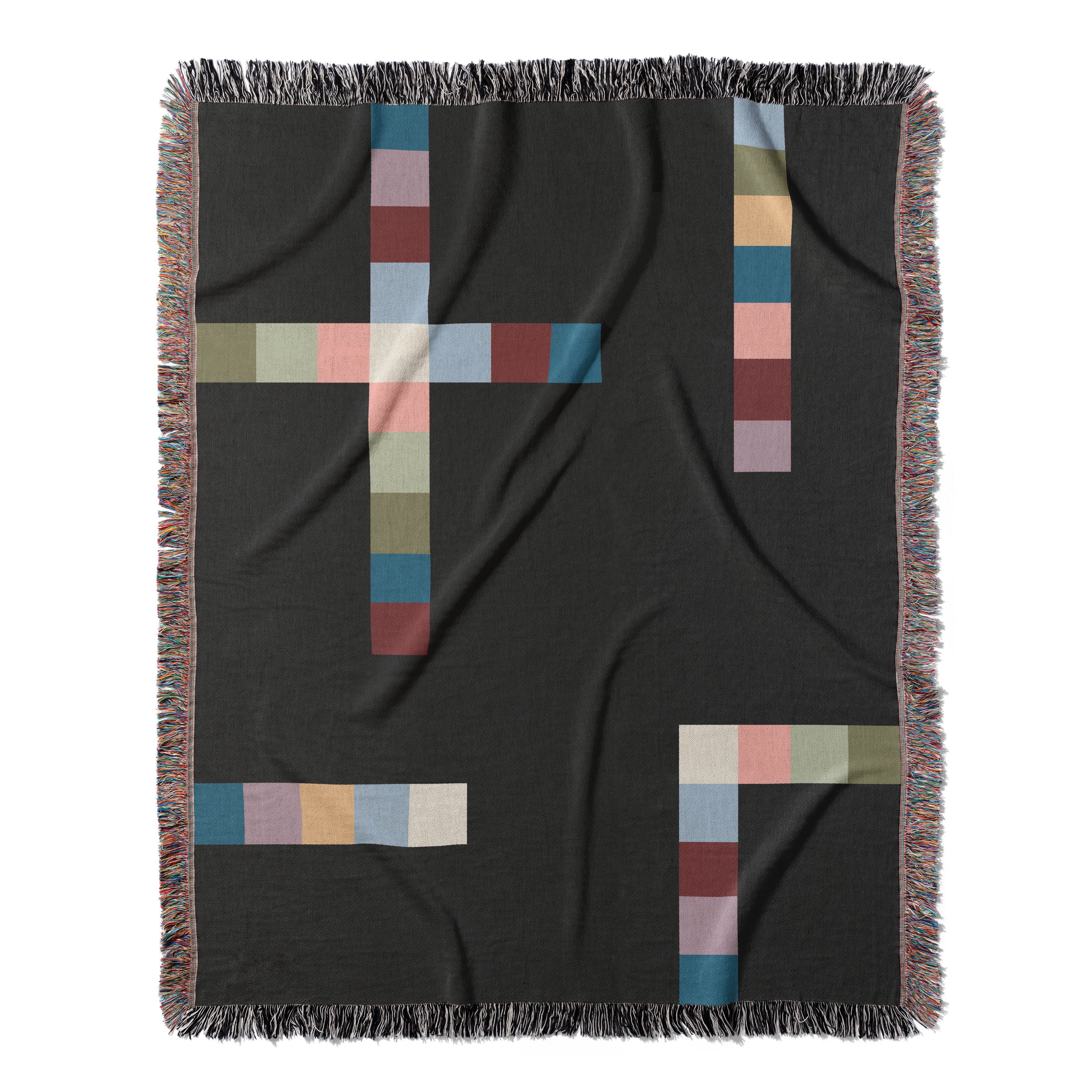 Modern Geometric Woven Throw Blanket with Multicolor Squares Linear Design on Black Ground