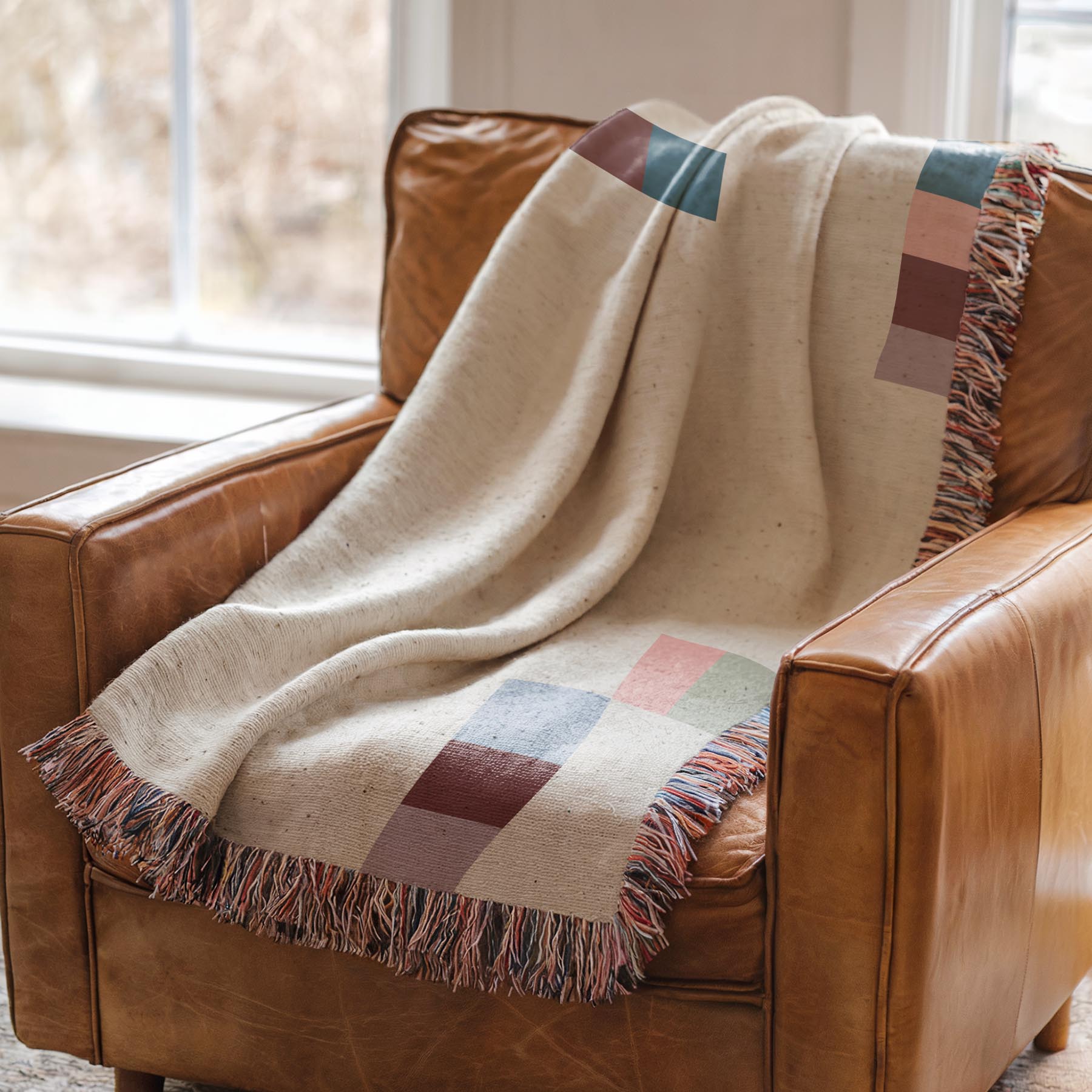 Modern Geometric Woven Throw Blanket with Multicolor Squares Linear Design on Cream White Ground