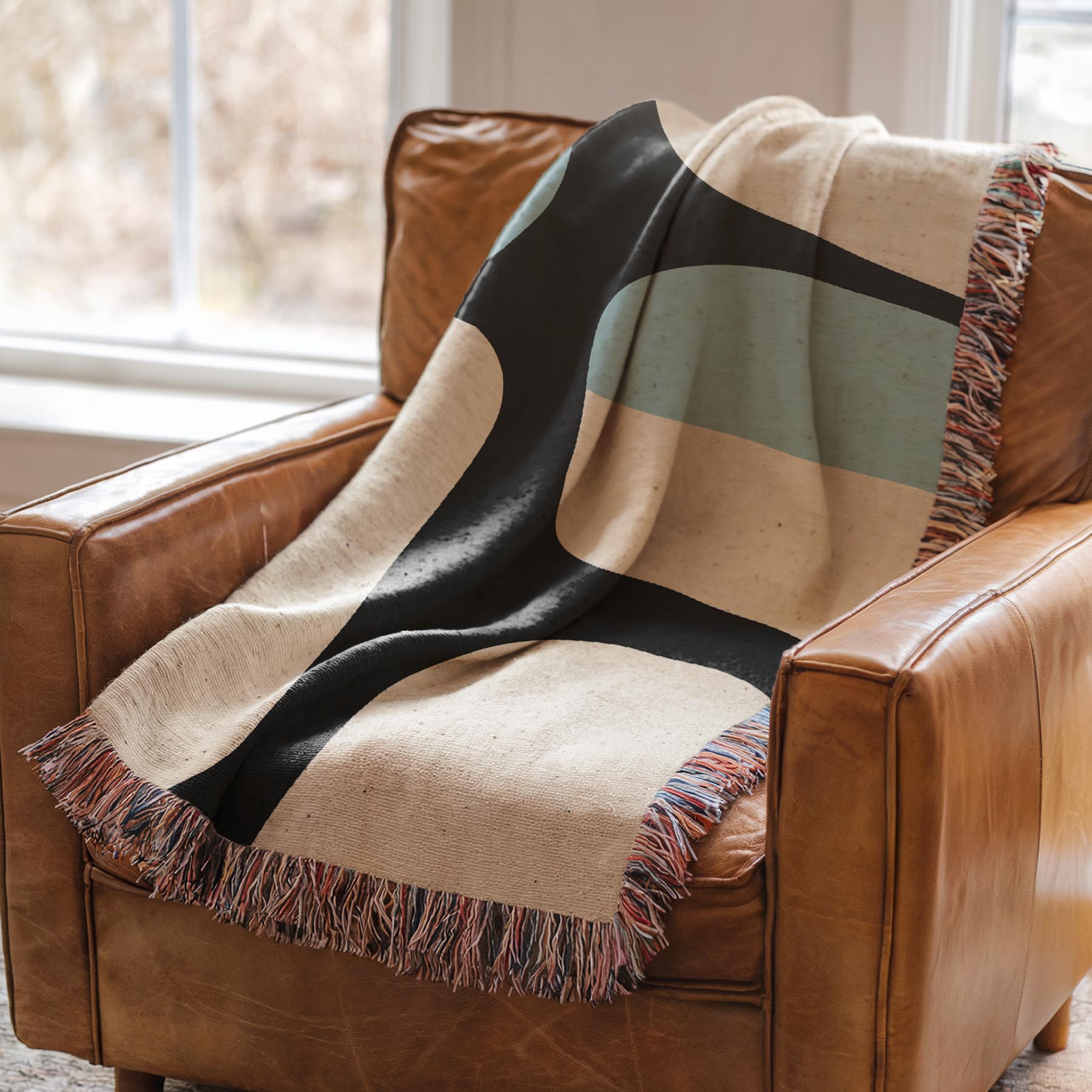 Scandi Color Block Woven Throw Blanket with Abstract Shapes Design