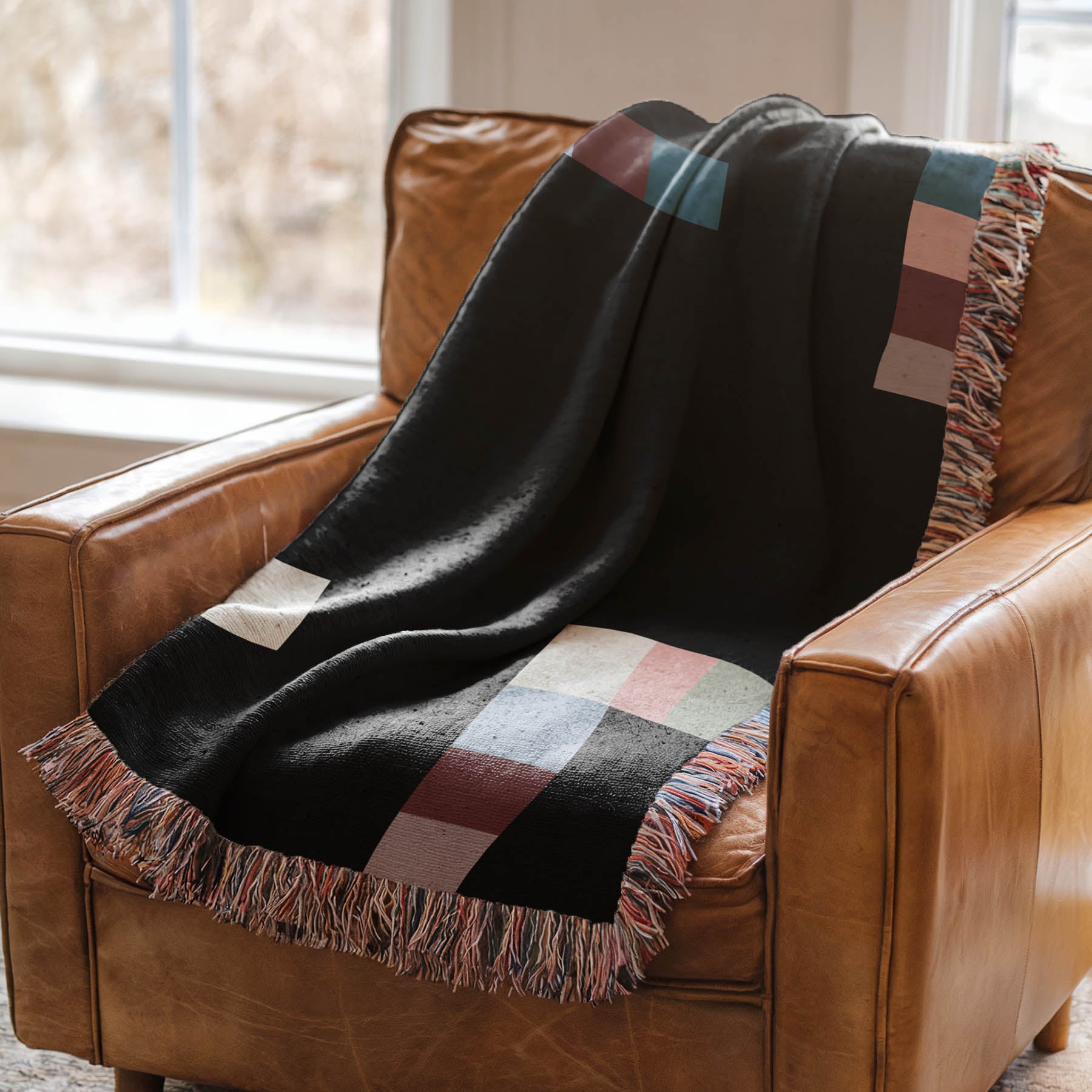 Modern Geometric Woven Throw Blanket with Multicolor Squares Linear Design on Black Ground