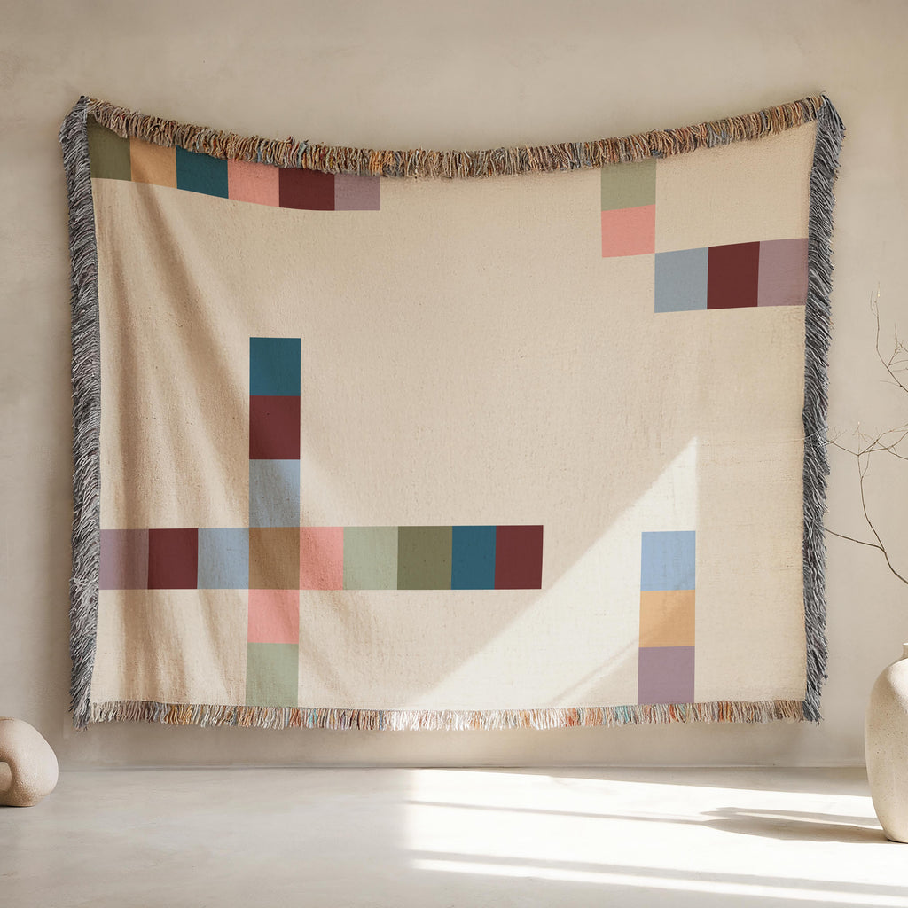 Modern Geometric Woven Throw Blanket with Multicolor Squares Linear Design on Cream White Ground