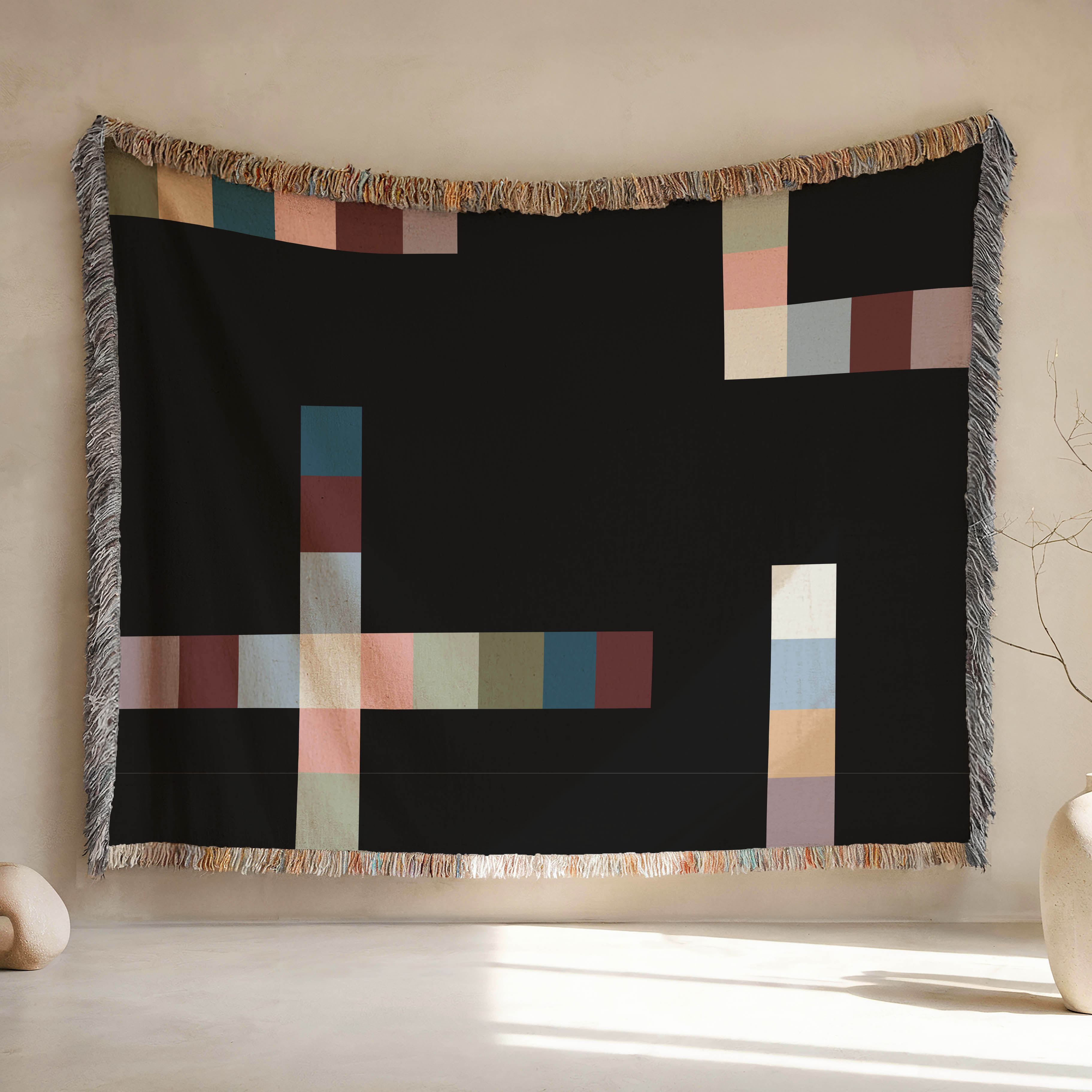 Modern Geometric Woven Throw Blanket with Multicolor Squares Linear Design on Black Ground