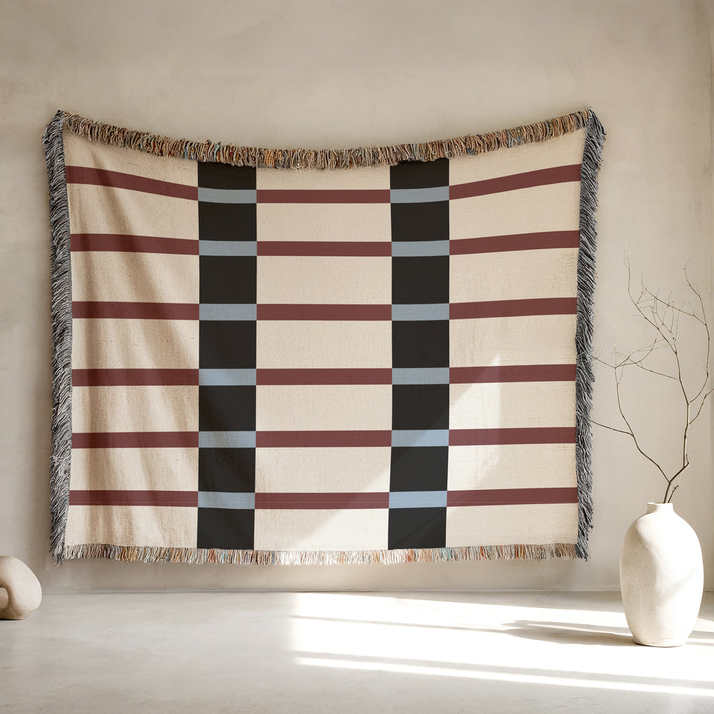 Modern Mixed Stripe Woven Throw Blanket with Burgundy Red, Black, & Blue Stripes