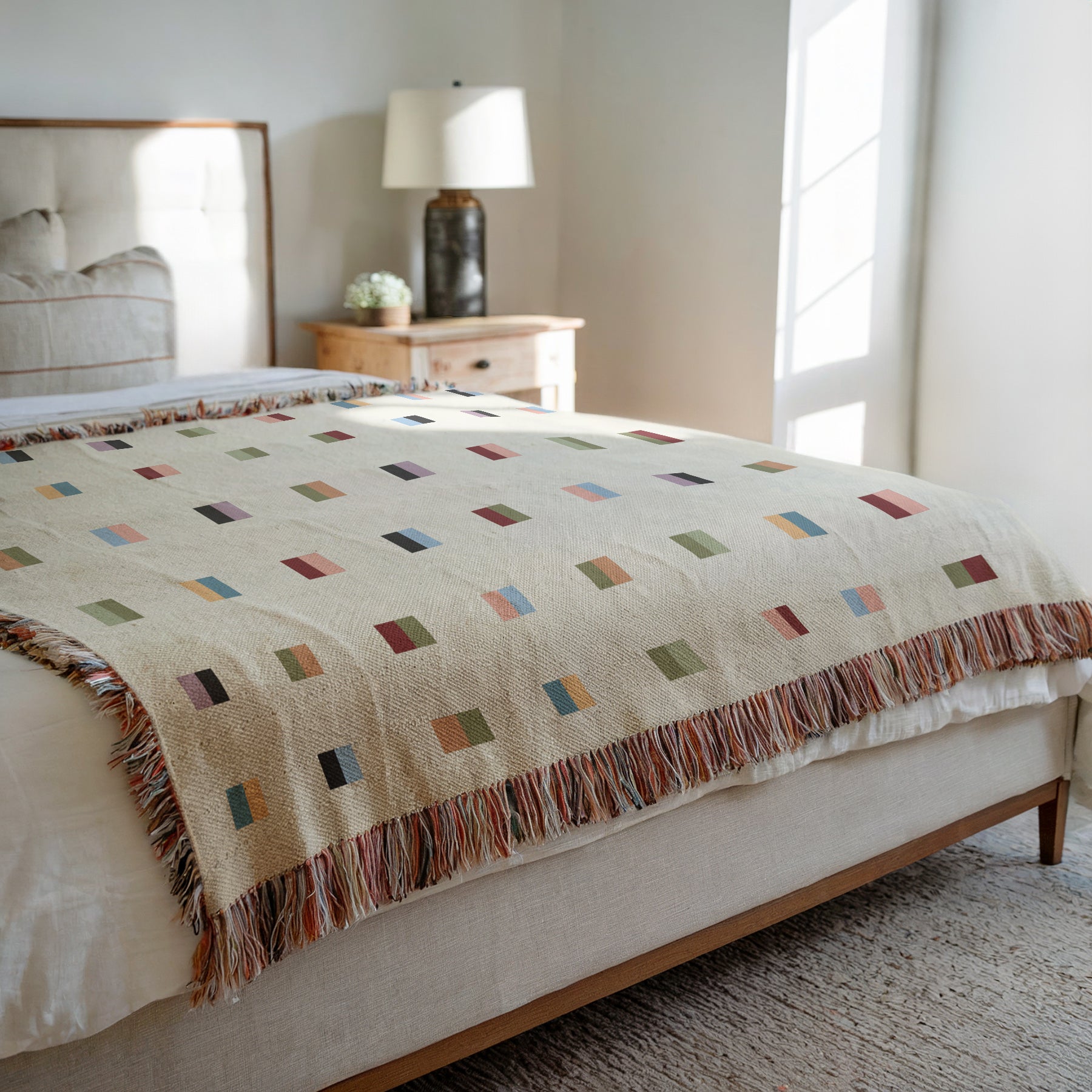 A cream-colored woven blanket with a Modern geometric split squares pattern of small multicolored squares and fringe edges. Scandinavia Design style for contemporary home decor.