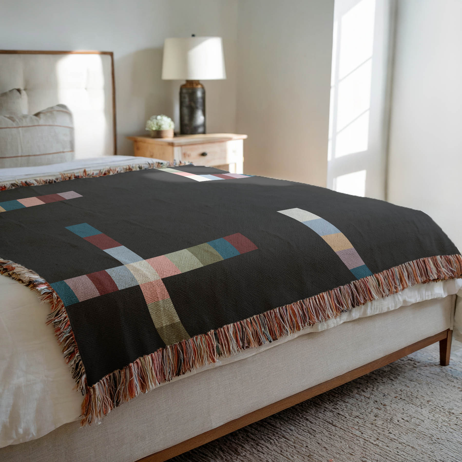 Modern Geometric Woven Throw Blanket with Multicolor Squares Linear Design on Black Ground