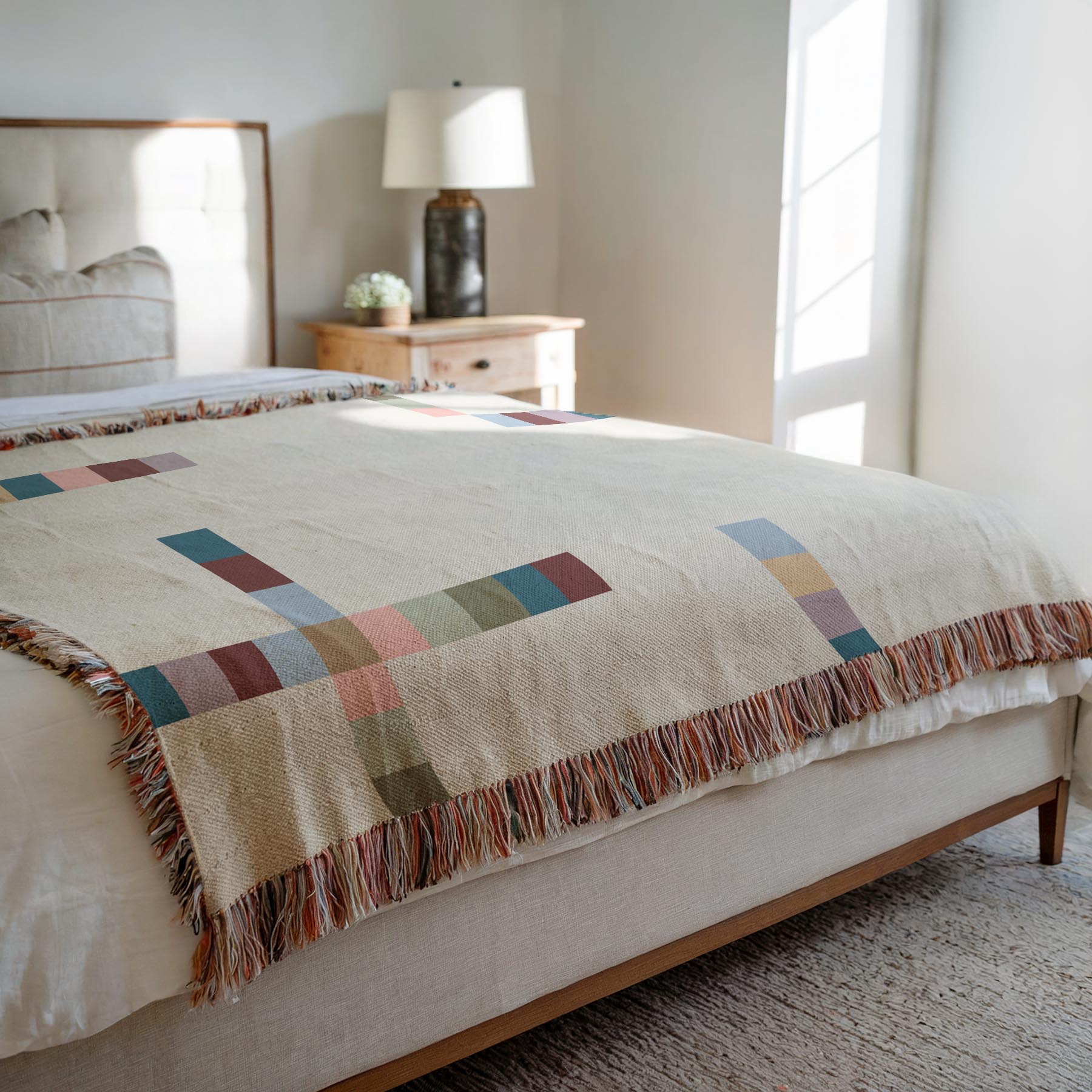 Modern Geometric Woven Throw Blanket with Multicolor Squares Linear Design on Cream White Ground