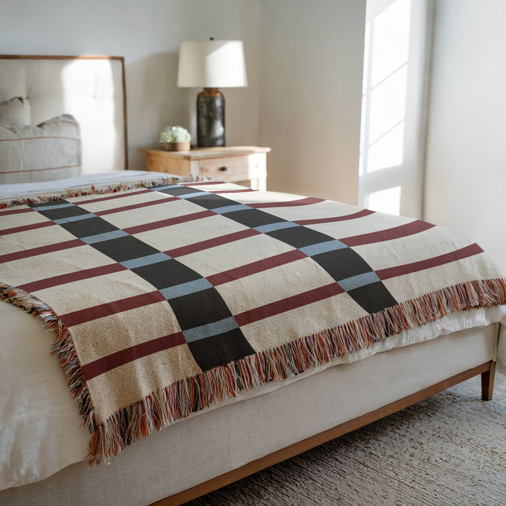 Modern Mixed Stripe Woven Throw Blanket with Burgundy Red, Black, & Blue Stripes