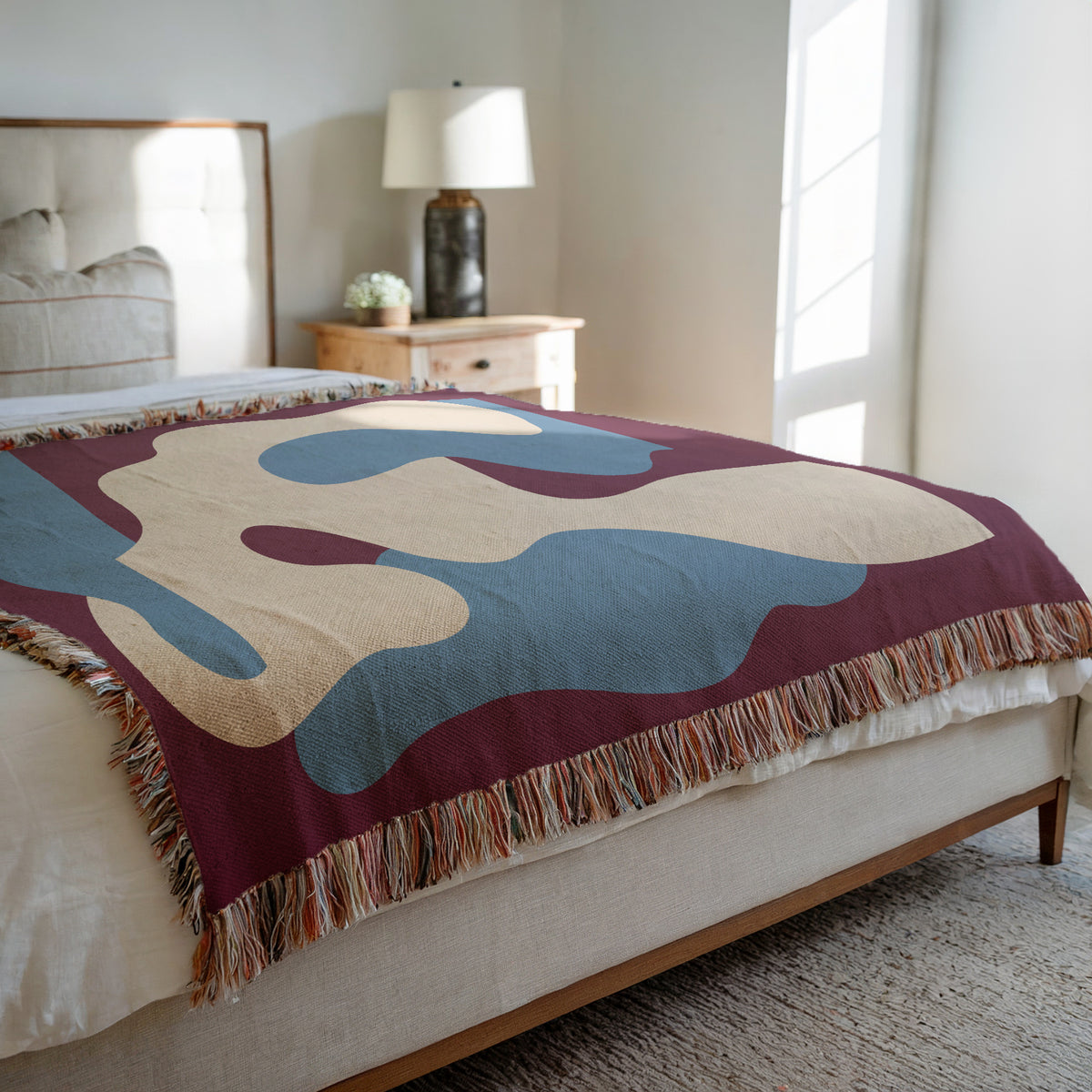 Scandi Abstract Shapes Woven Throw Blanket with Burgundy Red & Blue