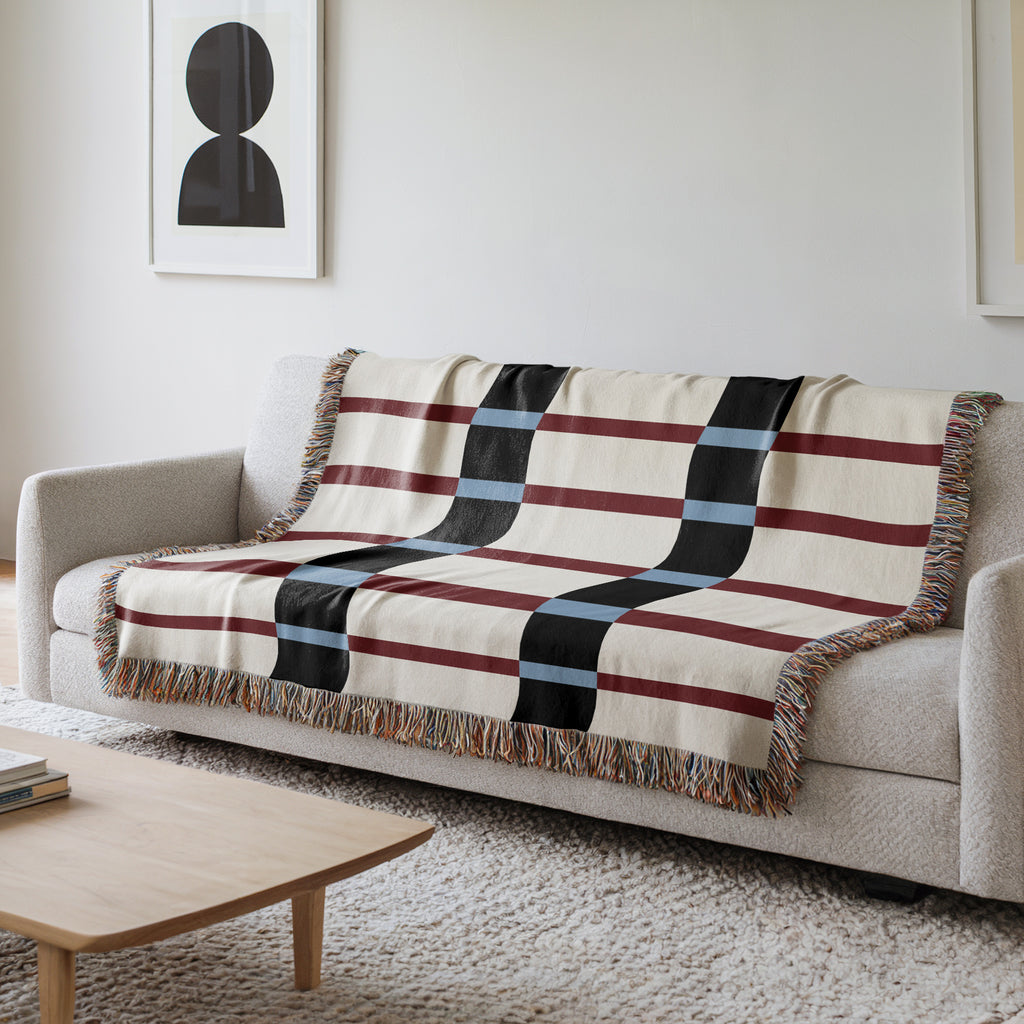 Modern Mixed Stripe Woven Throw Blanket with Burgundy Red, Black, & Blue Stripes