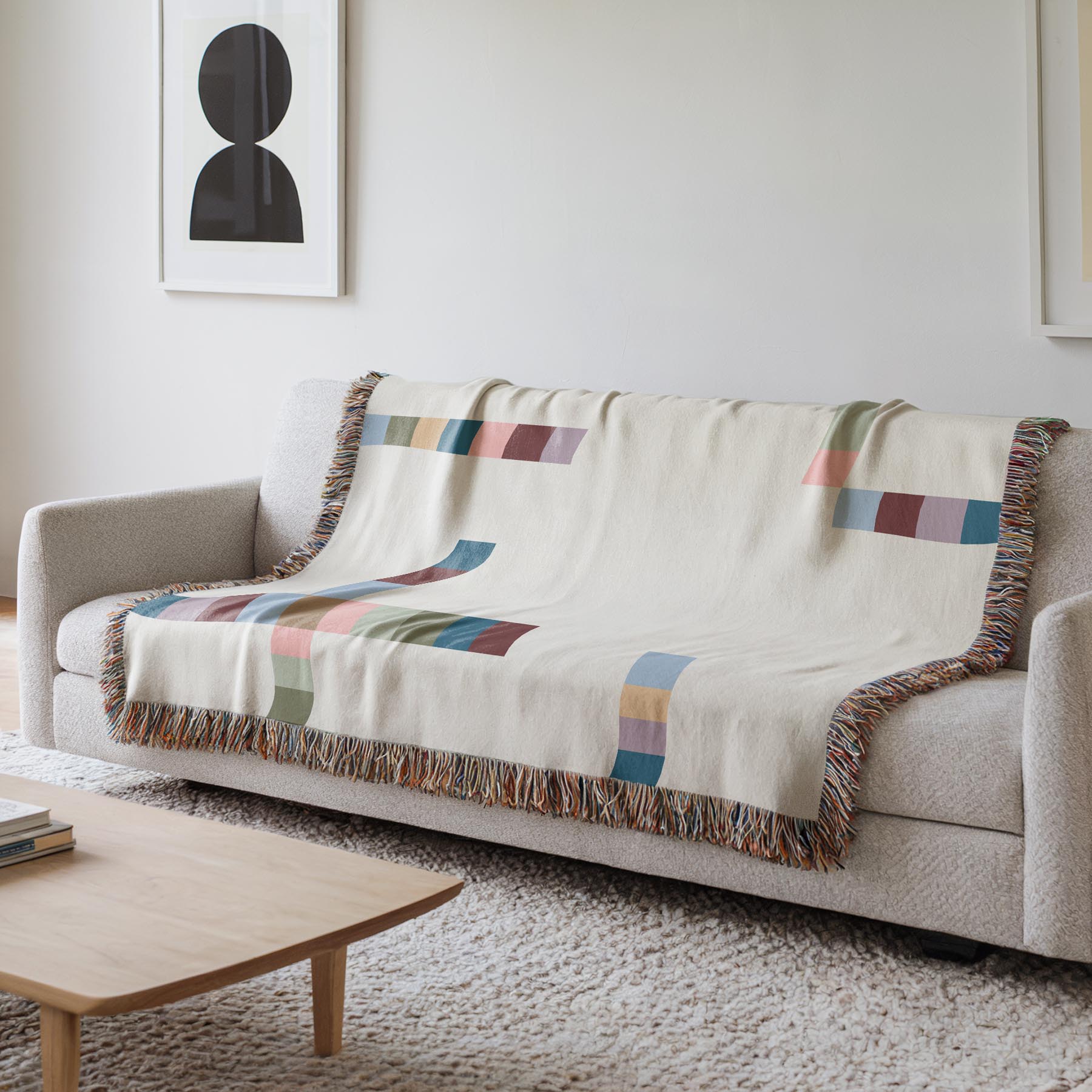 Modern Geometric Woven Throw Blanket with Multicolor Squares Linear Design on Cream White Ground